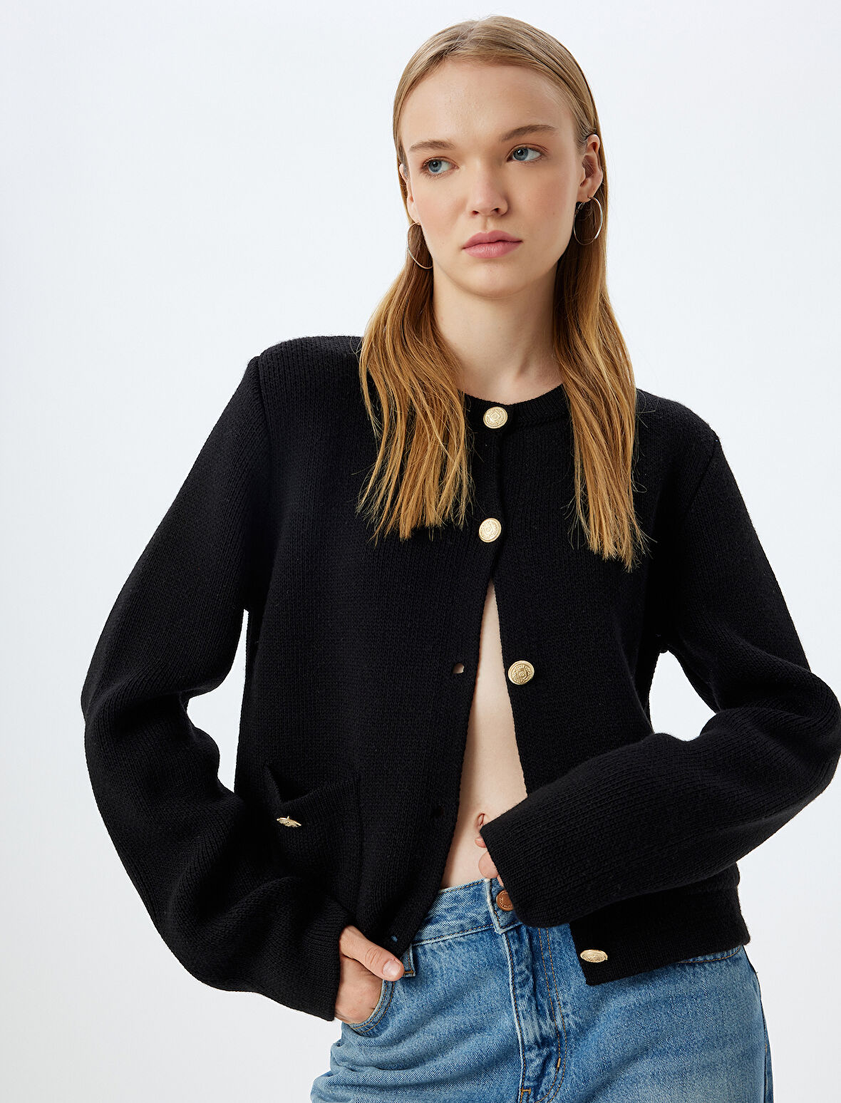 Triko Hırka Bisiklet Yaka Cep Detaylı Düğmeli