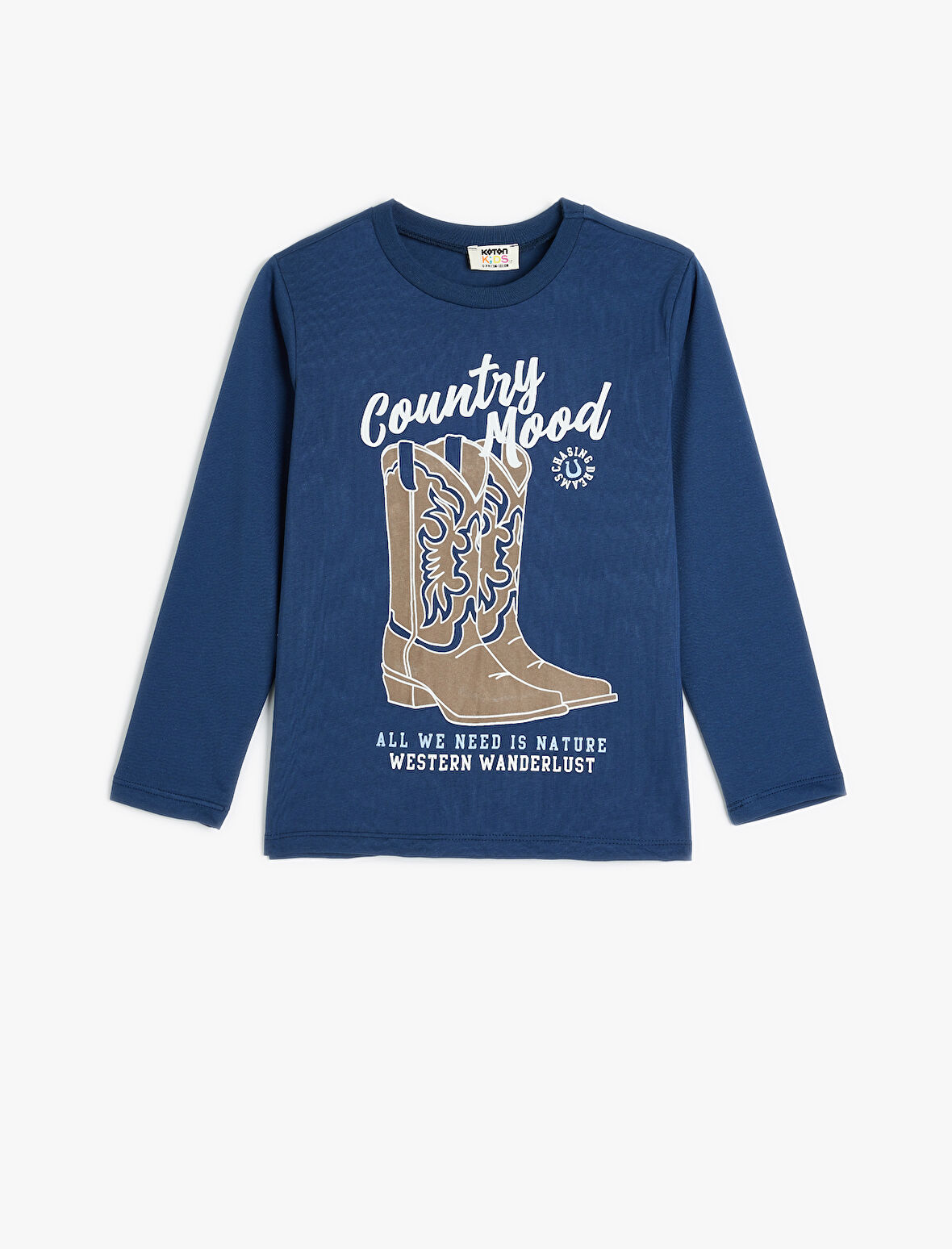 Tişört Uzun Kollu Kovboy Çizmesi Baskılı Bisiklet Yaka Pamuklu