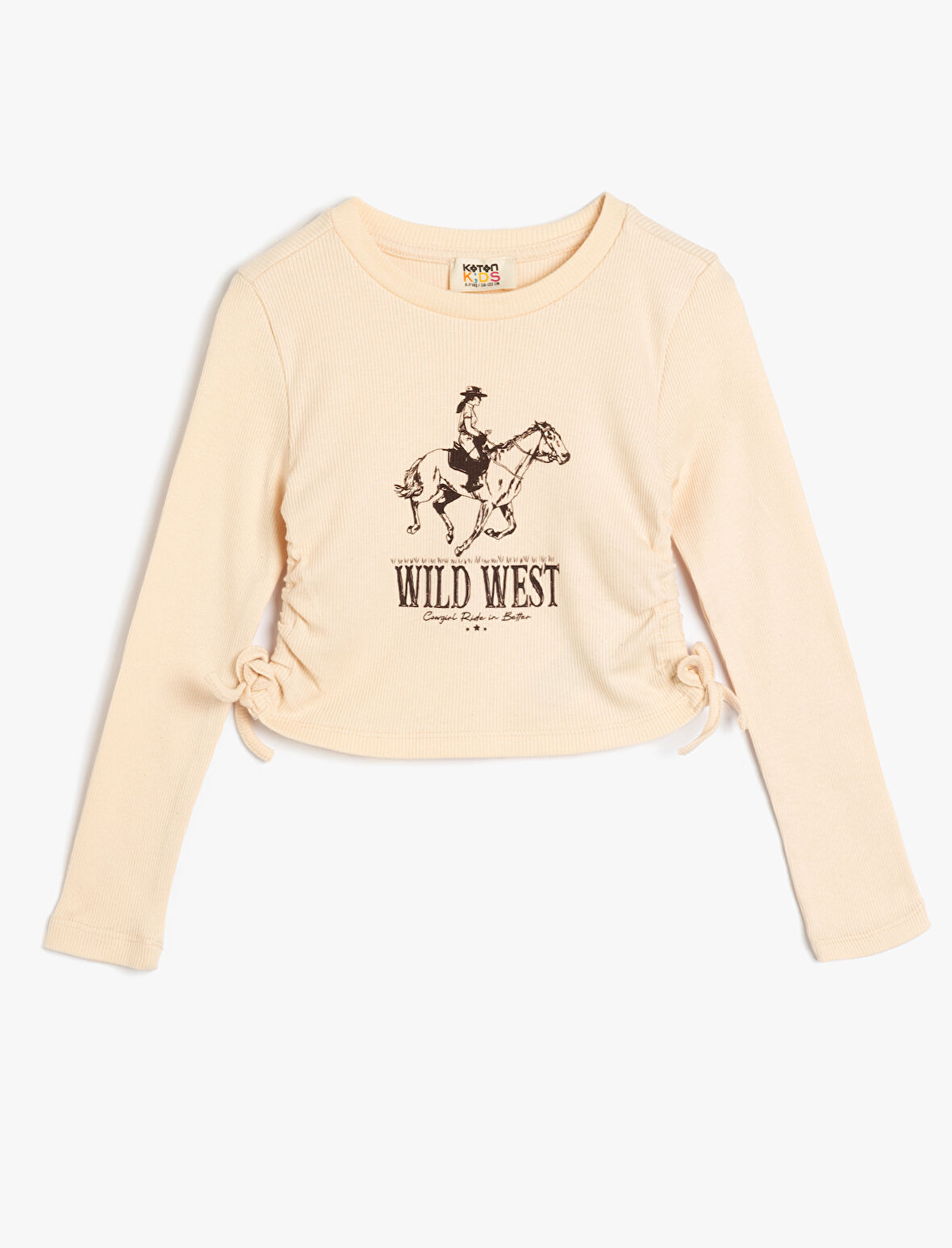 Uzun Kollu Tişört Yanları Büzgülü Bağlamalı Baskı Detaylı Bisiklet Yaka Ribanalı 