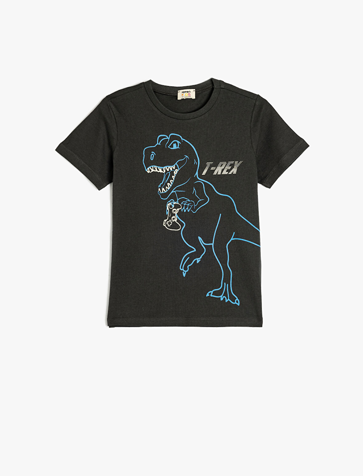 Dinozor Baskılı Bisiklet Yaka Pamuklu Kısa Kollu Tişört