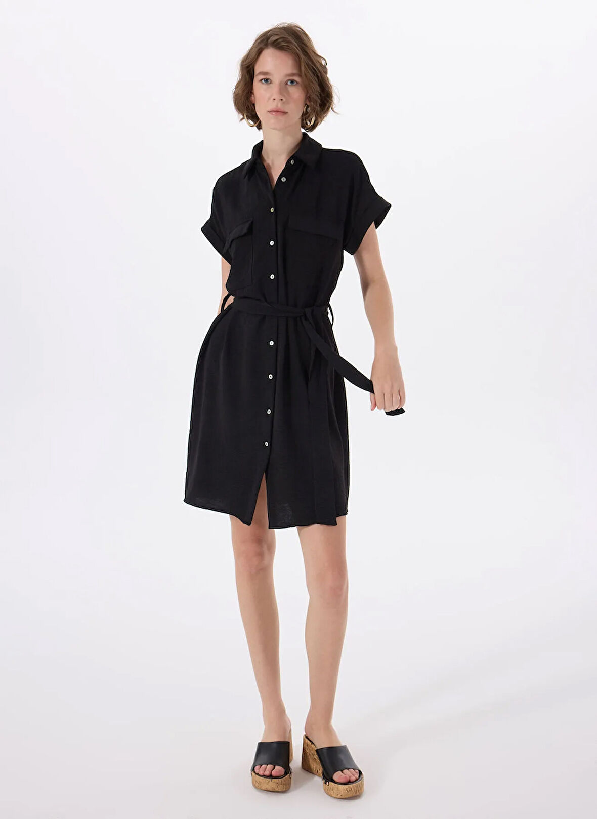 Koton V Yaka Siyah Diz Üstü Kadın Elbise 5SAK80027PW