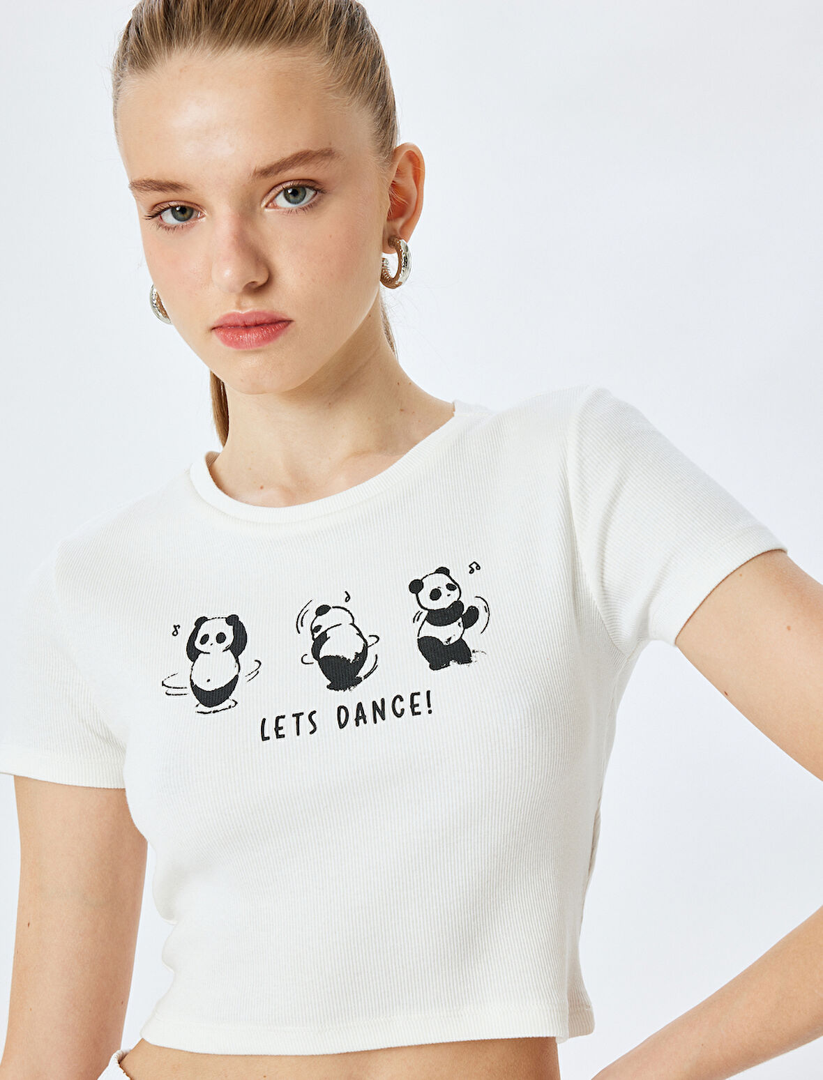Panda Baskılı Kısa Kollu Slim Fit Crop Tişört