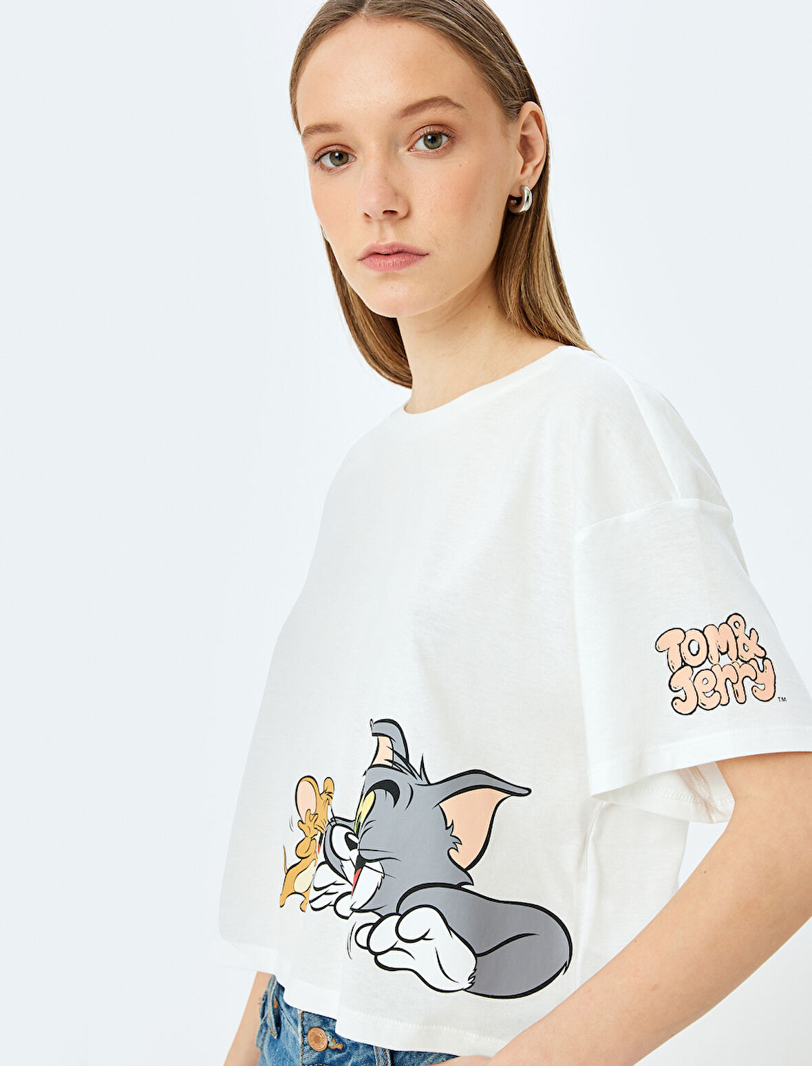 Tom ve Jerry Lisanslı Baskılı Oversize Crop Tişört