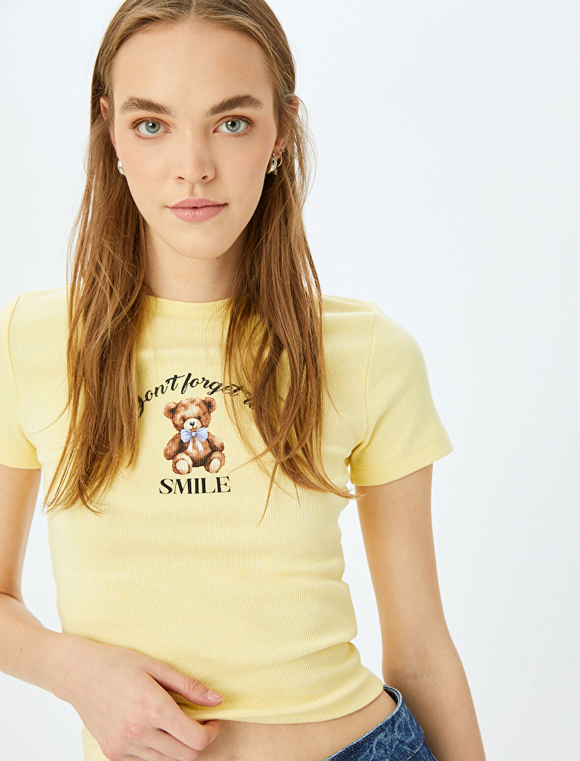 Ayı Baskılı Kısa Kollu Bisiklet Yaka Slim Fit Tişört