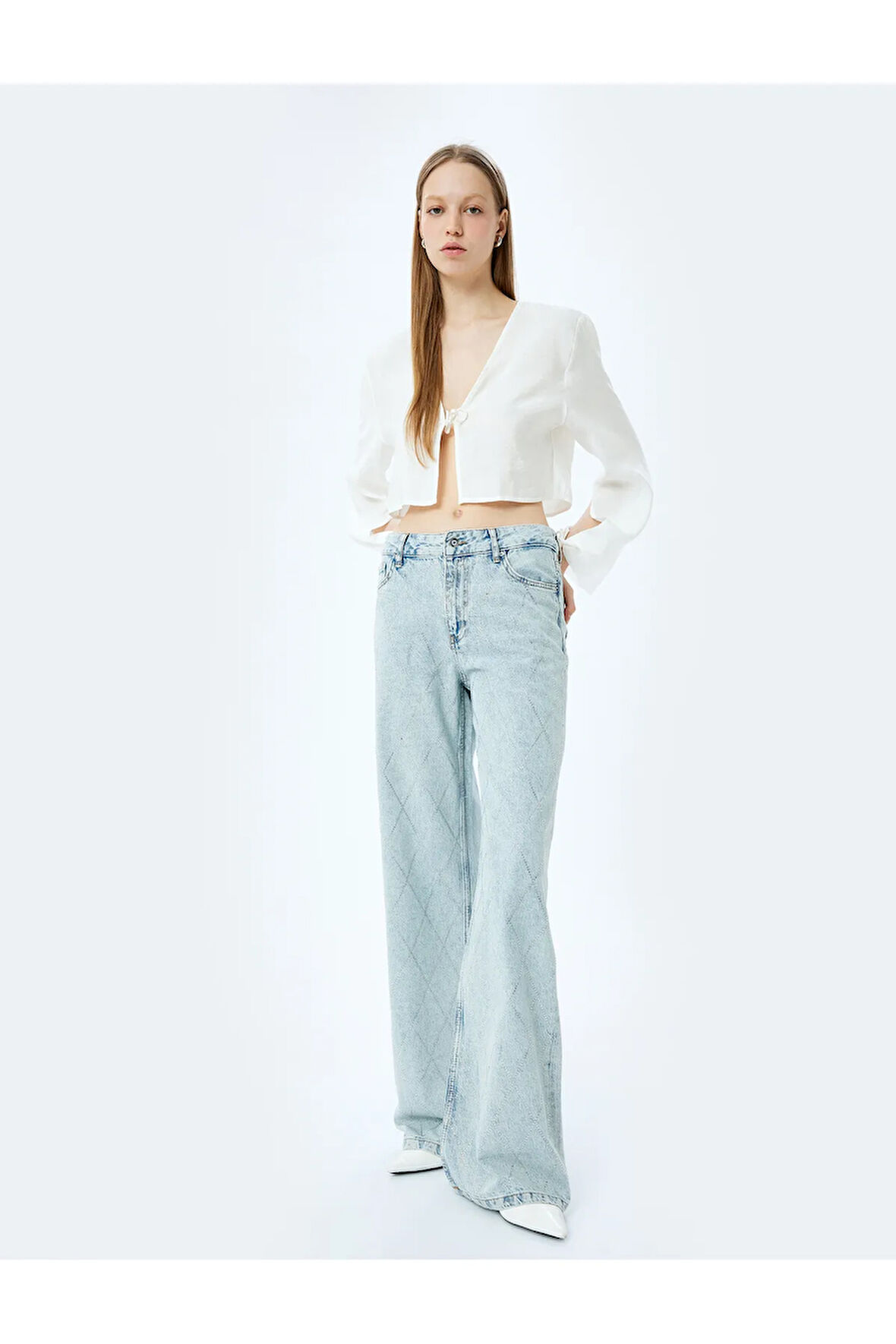 Taş Detaylı Normal Bel Geniş Paça Denim Pantolon -  Wide Leg Jeans
