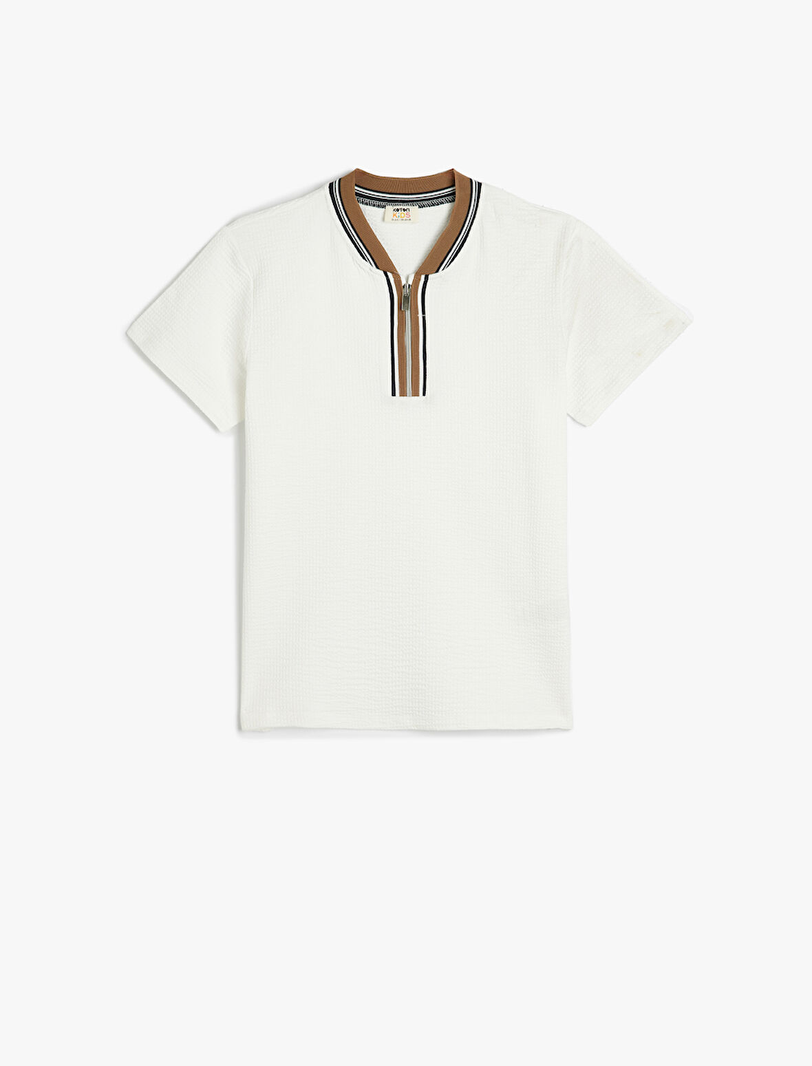 Tişört Bisiklet Yaka Yarım Fermuarlı Kısa Kollu Şerit Detaylı Pamuklu