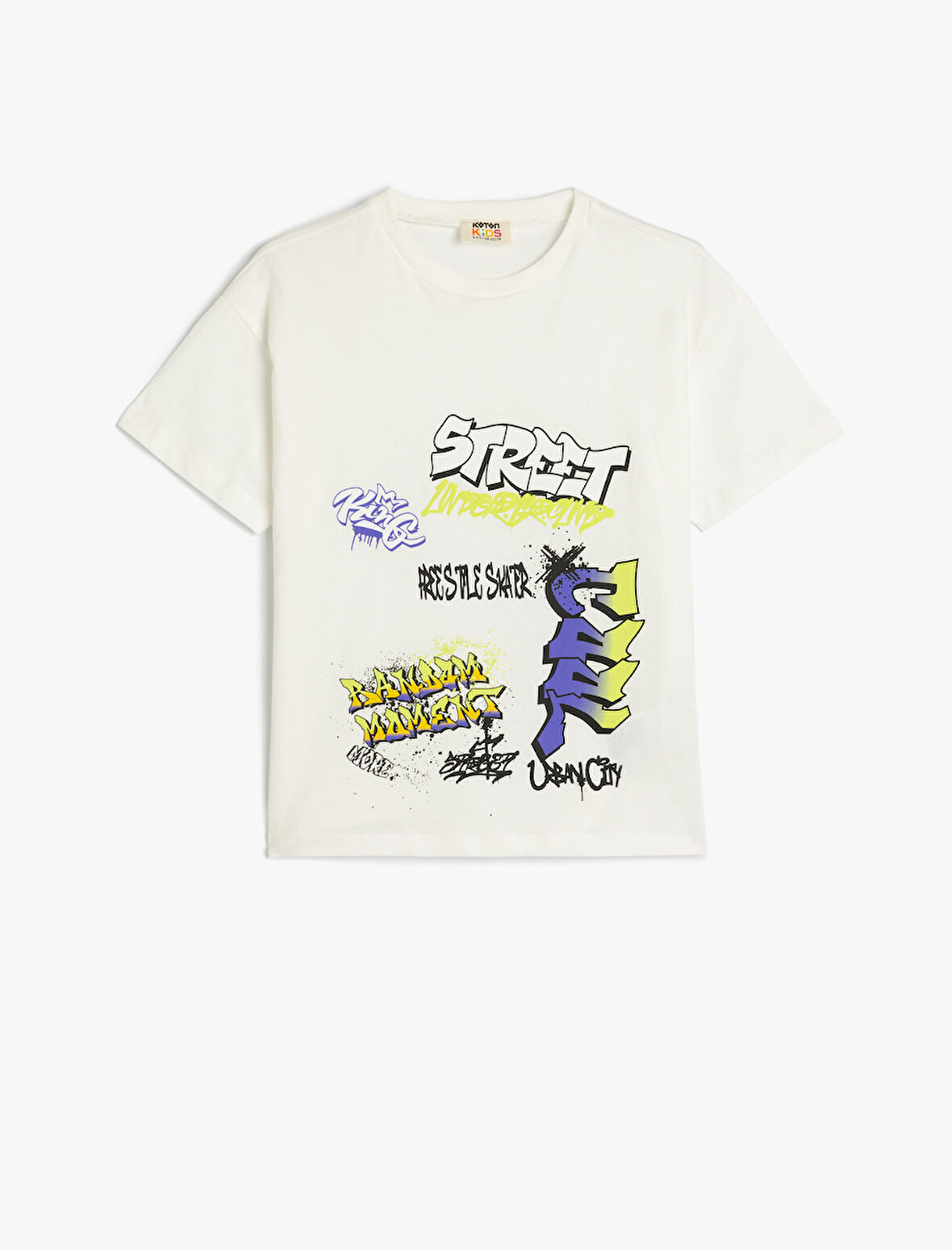 Grafiti Baskılı Kısa Kollu Bisiklet Yaka Oversize Tişört 