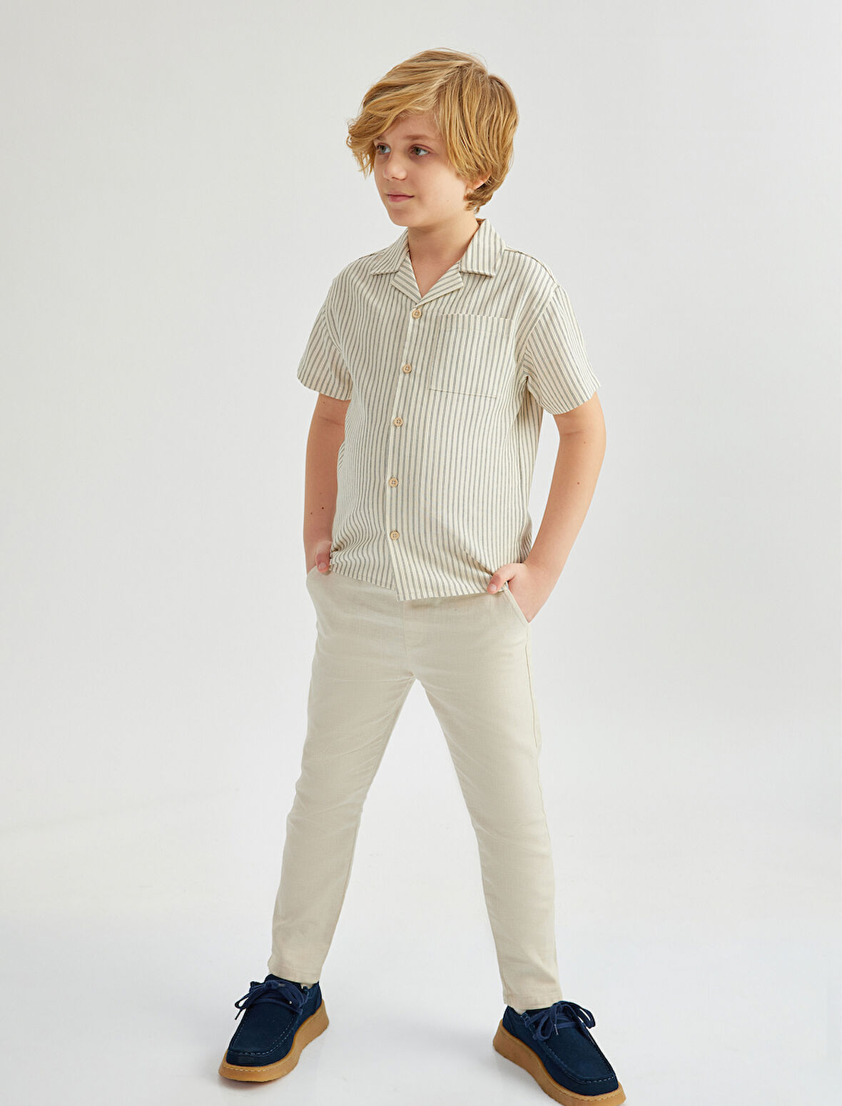 Beli Bağcıklı Keten Karışımlı Basic Pantolon