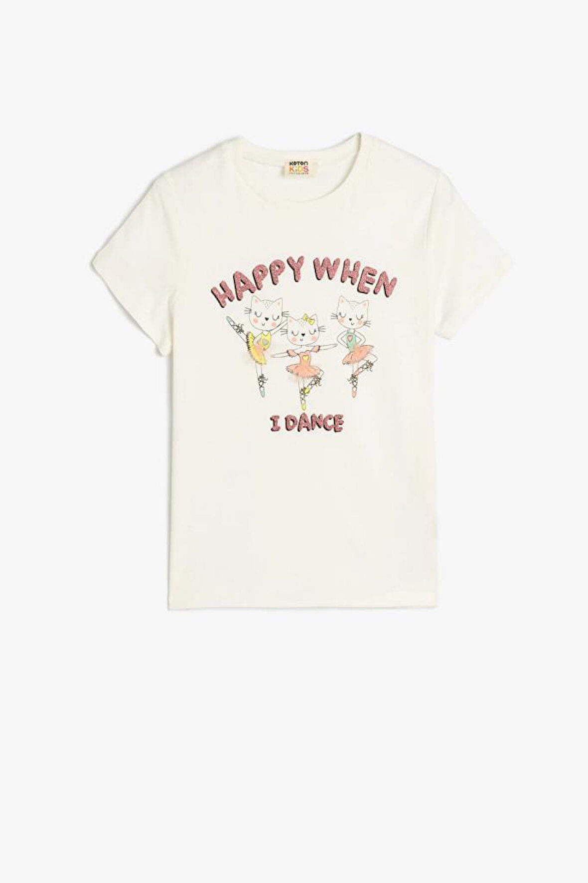 Koton Kız Çocuk Tişört Kısa Kollu Kedi Baskılı Bisiklet Yaka Pamuklu