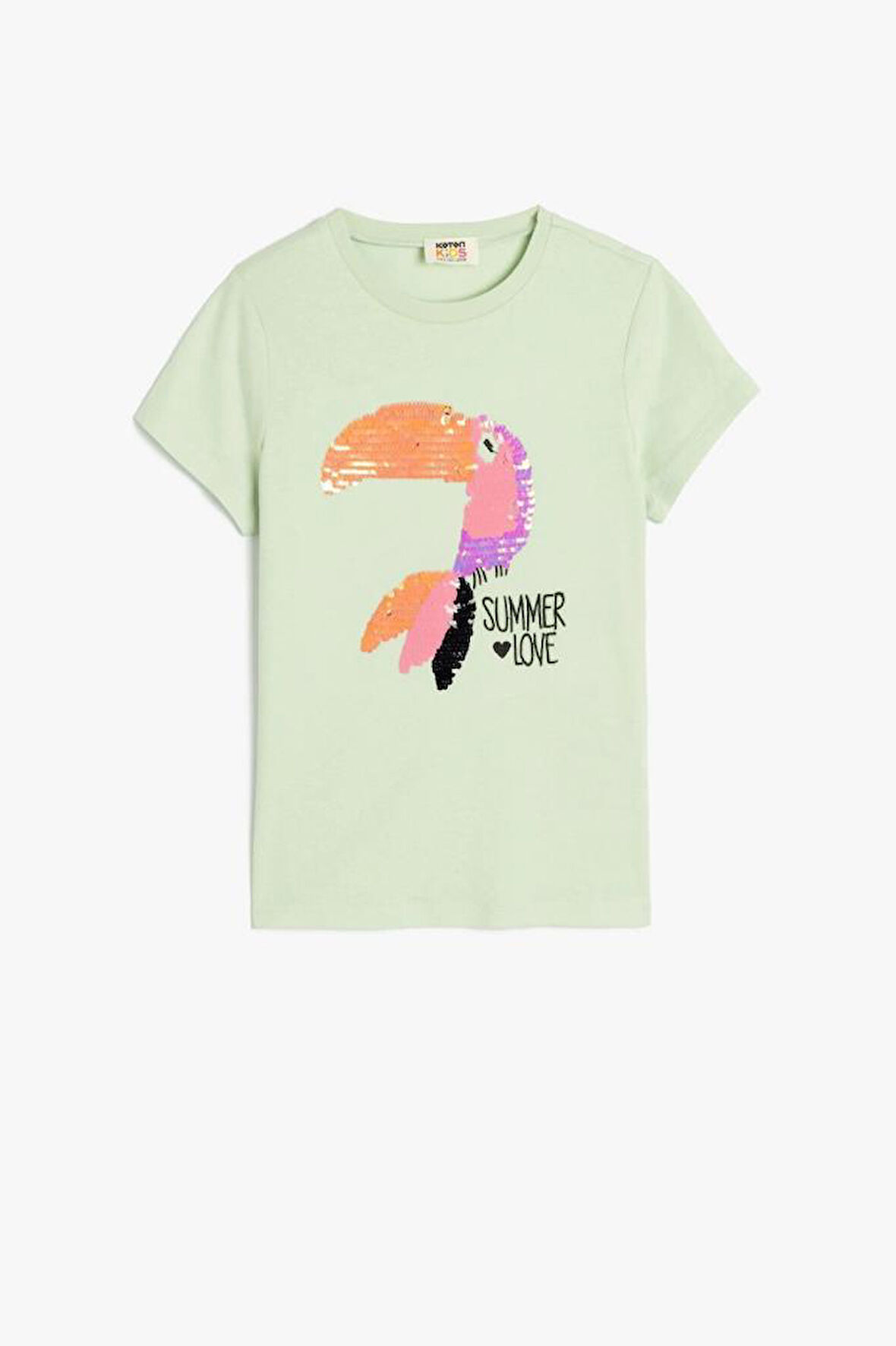 Koton Kız Çocuk Tişört Pullu Payetli Kısa Kollu Papağan Baskılı Pamuklu