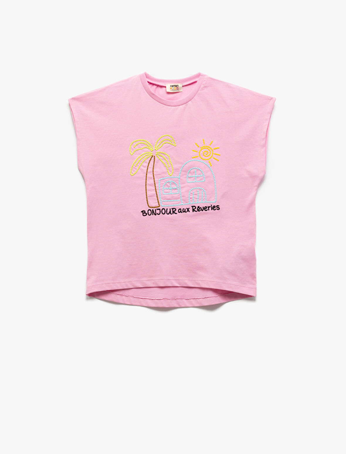 Kısa Kollu Bisiklet Yaka Pamuklu İşlemeli Tişört