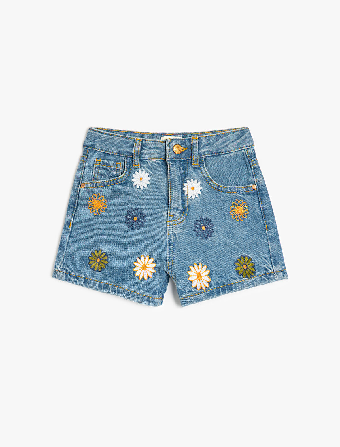 Çiçek Nakış Detaylı Cepli Pamuklu Denim Şort