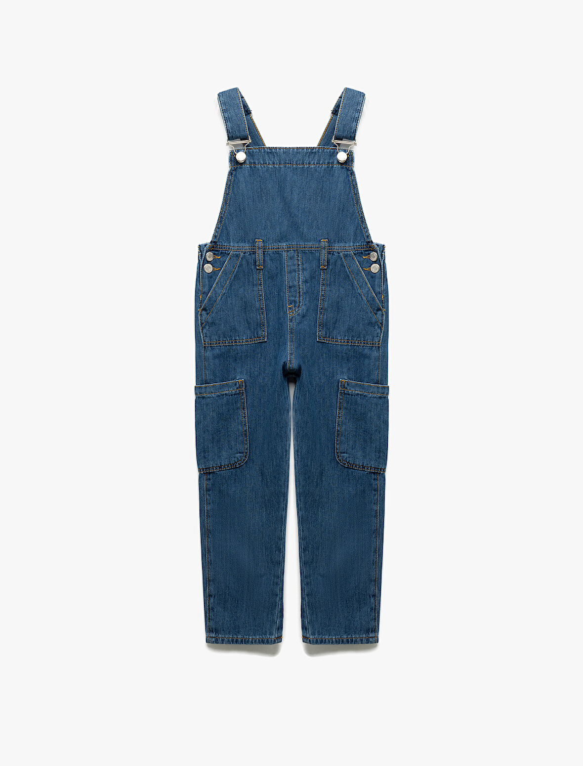 Pamuklu Kare Yaka Ayarlanabilir Askılı Uzun Denim Salopet Tulum