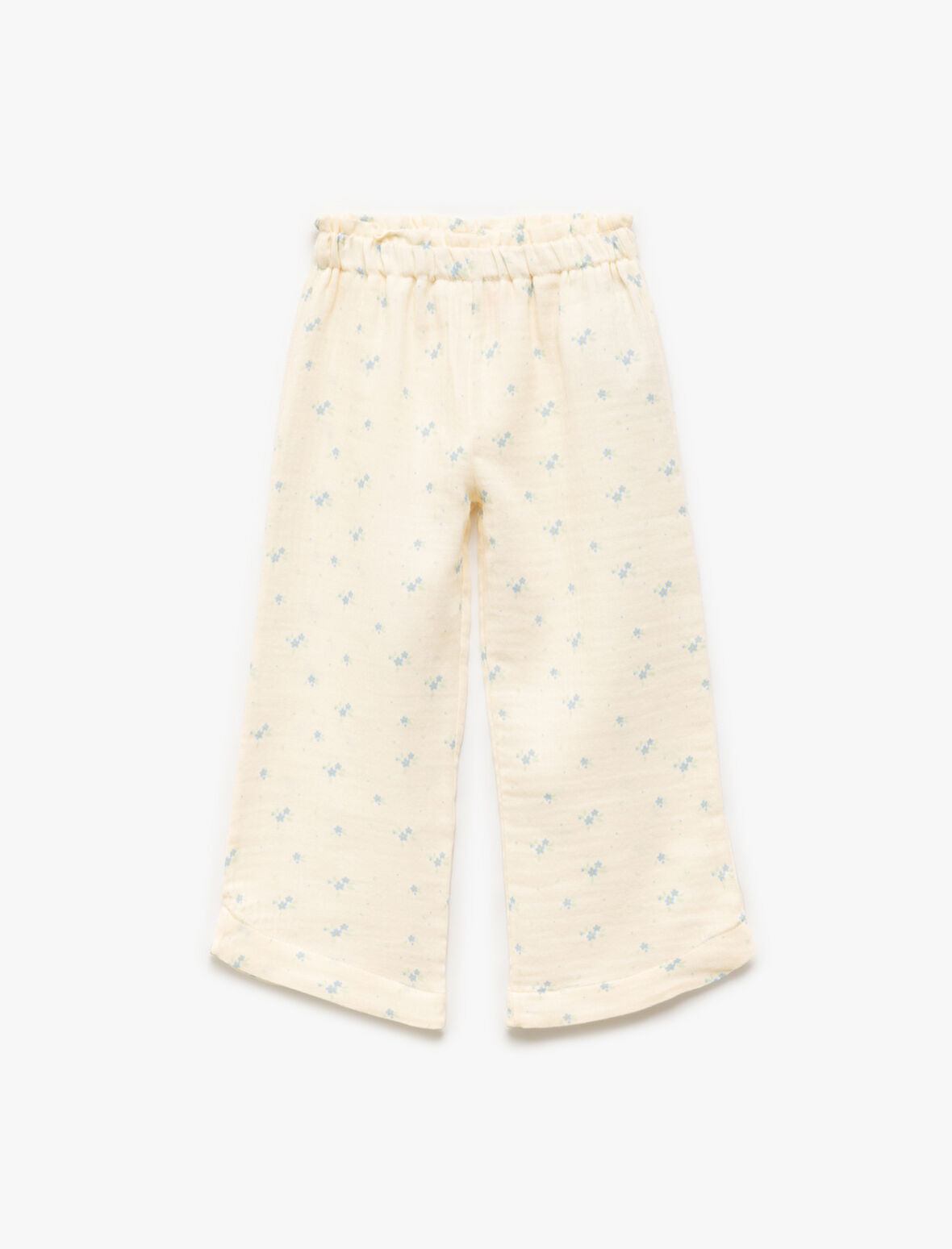 Pamuklu Beli Lastikli Çiçekli Müslin Geniş Paça Pantolon