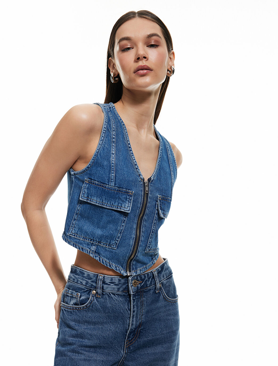 Fermuarlı Cepli V Yaka Pamuklu Kolsuz Denim Yelek