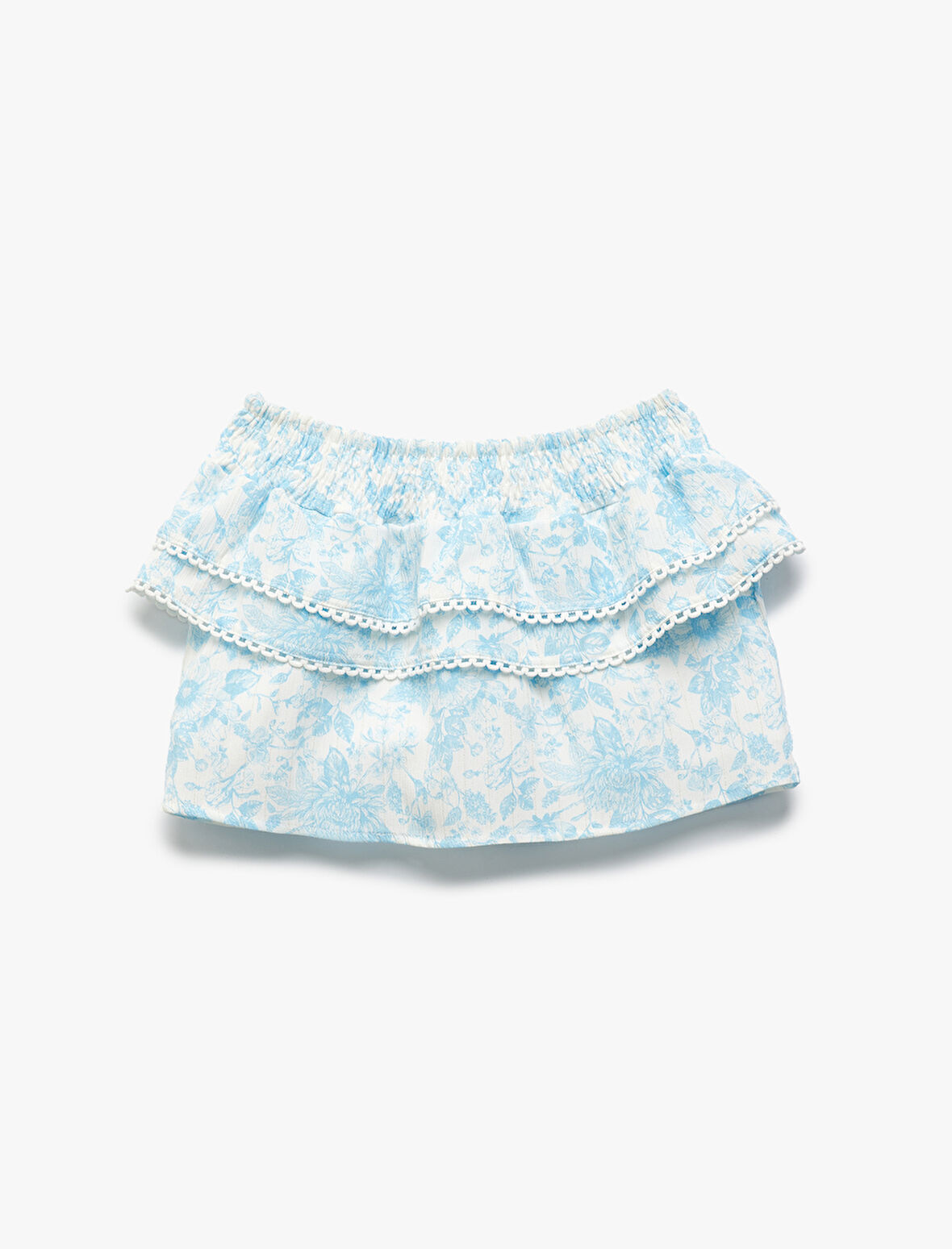 Balerin Yaka Çiçek Desenli Çift Kat Fırfırlı Crop Kolsuz Bluz