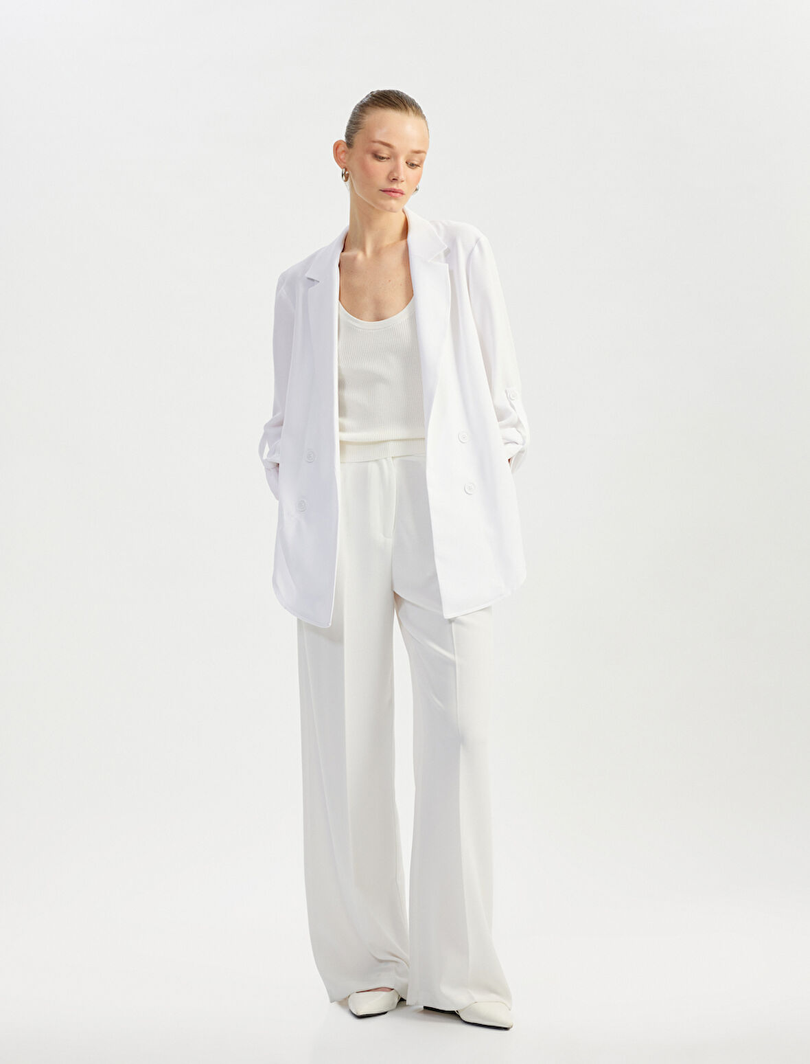 Katlama Detaylı Krep Kumaş 3/4 Kol Kruvaze Uzun Oversize Blazer Ceket