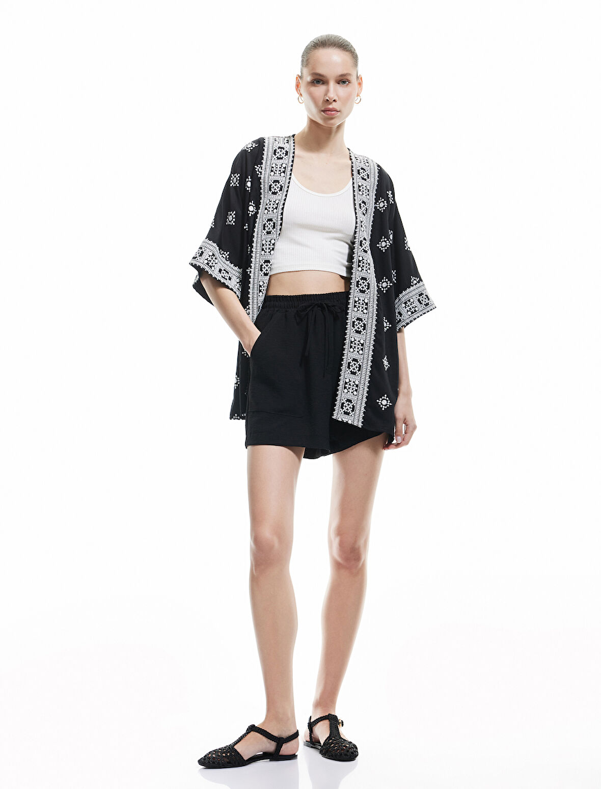 Viskon Yarım Kollu Etnik Kimono