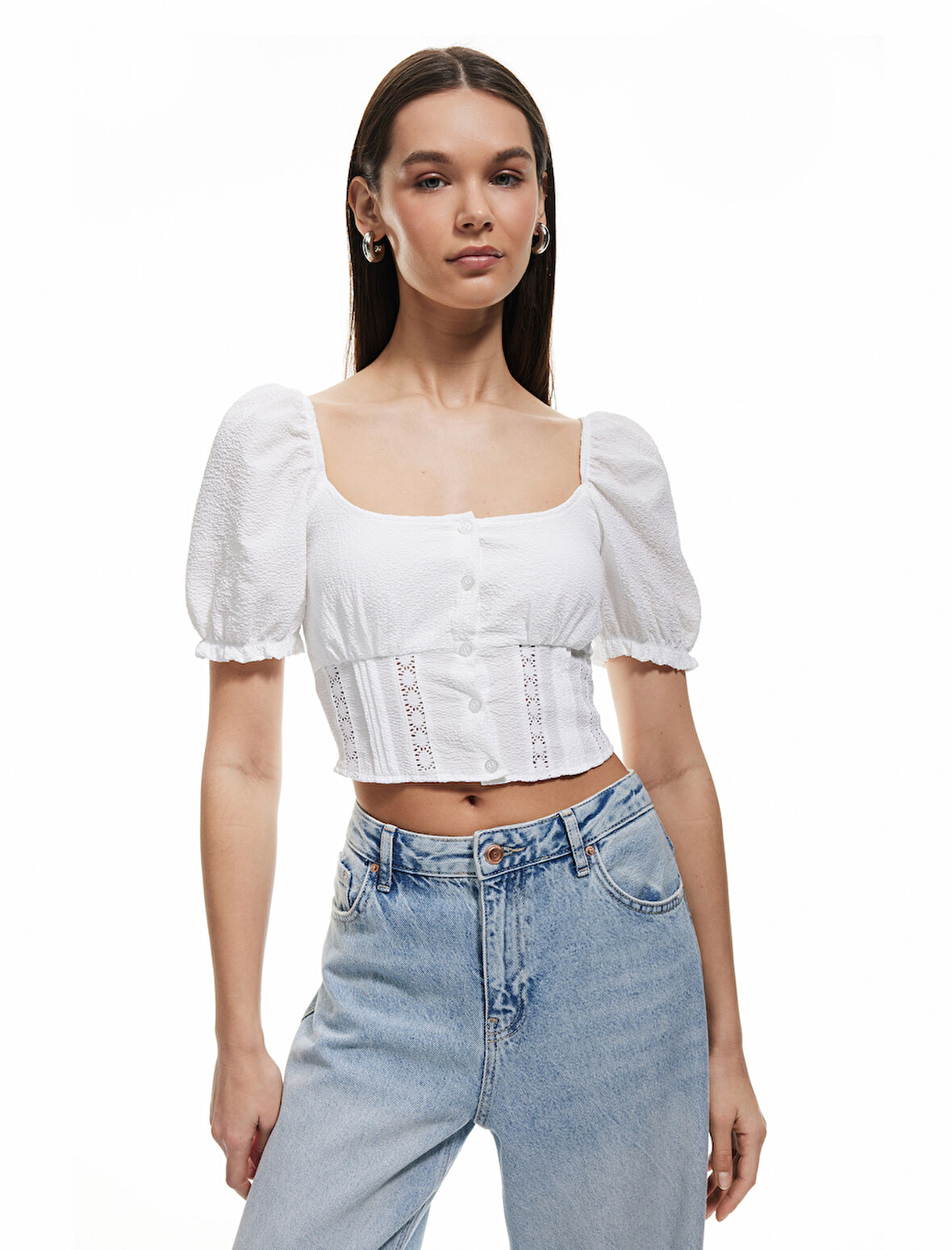 Gipeli Poplin Balon Kol Dantel Detaylı Crop Bluz
