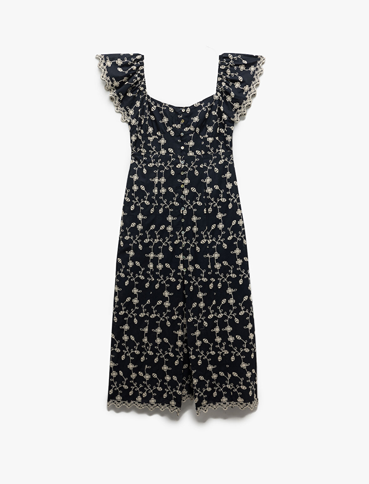 Çiçekli Kayık Yaka Omzu Açık Düğmeli Dantelli Uzun Elbise