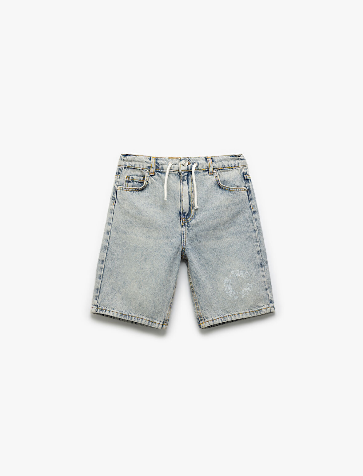 Denim Şort Beli Bağlamalı Düğmeli Cepli Pamuklu