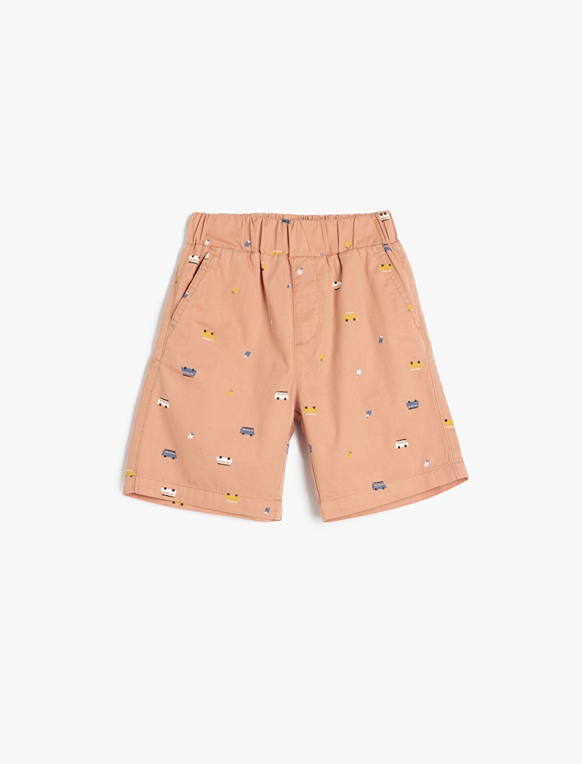 Pamuklu Araba Desenli Beli Lastikli Cepli Şort