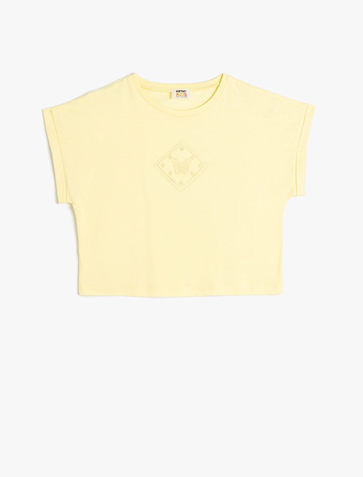 Tişört Kısa Kollu Bisiklet Yaka Kelebek İşlemeli Pamuklu