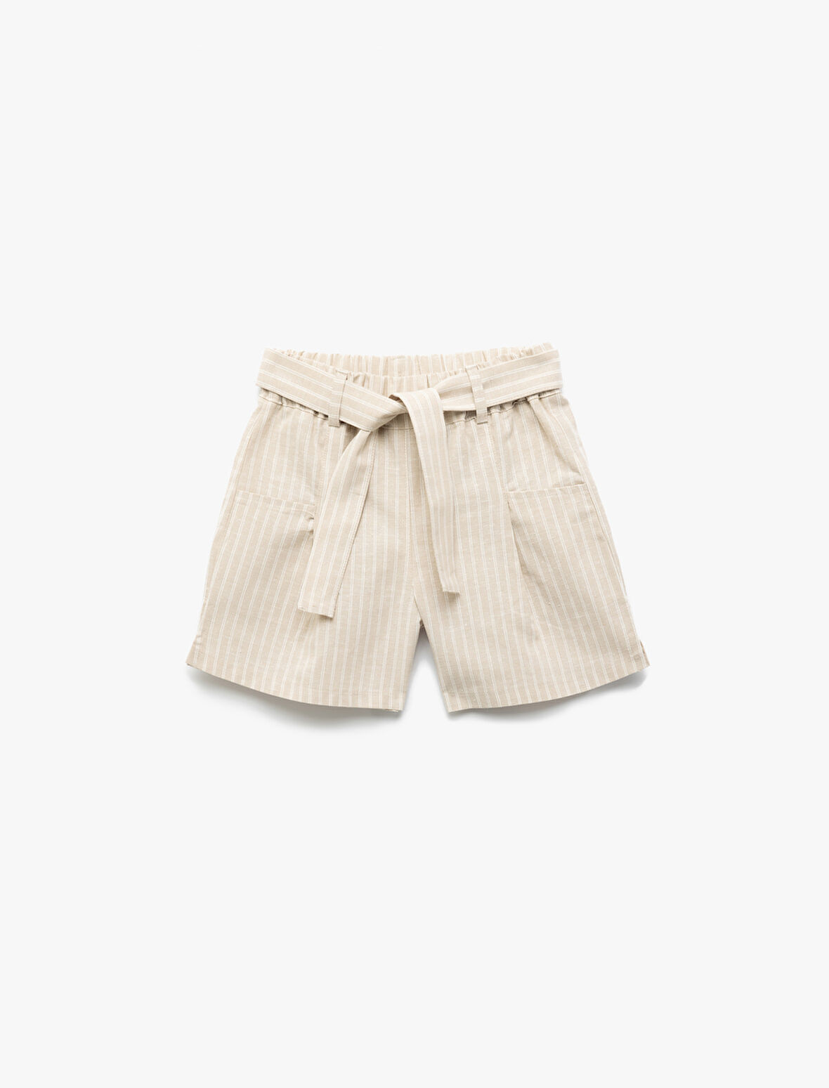 Keten Karışımlı Kemerli Çizgili Şort