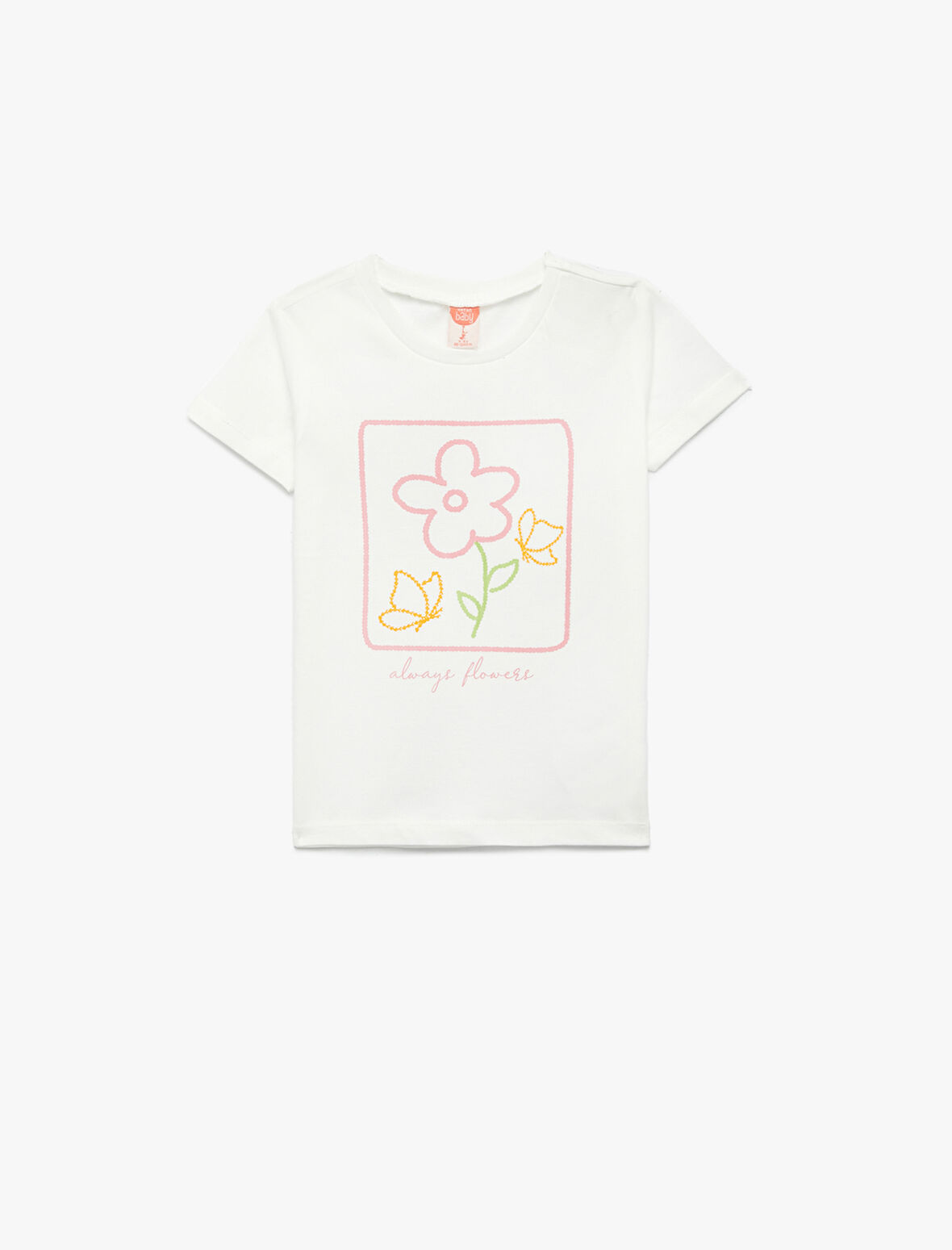 Çiçek Baskılı Kısa Kollu Bisiklet Yaka Pamuklu Tişört