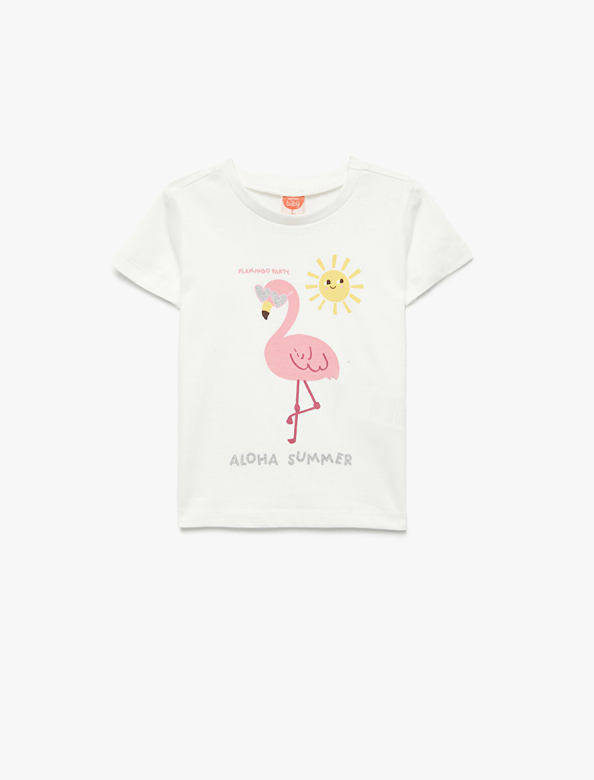 Kısa Kollu Bisiklet Yaka Pamuklu Flamingo Baskılı Tişört