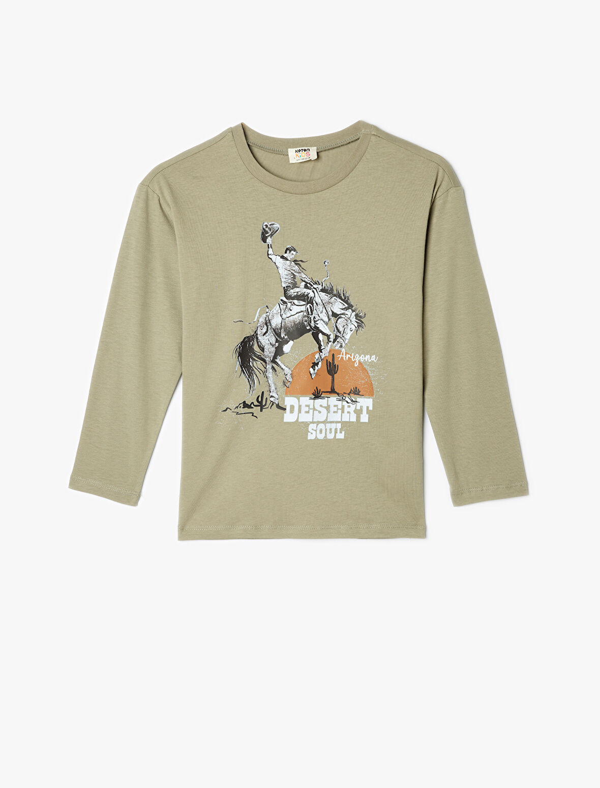 Oversize Tişört Kovboy Baskılı Uzun Kollu Bisiklet Yaka Pamuklu