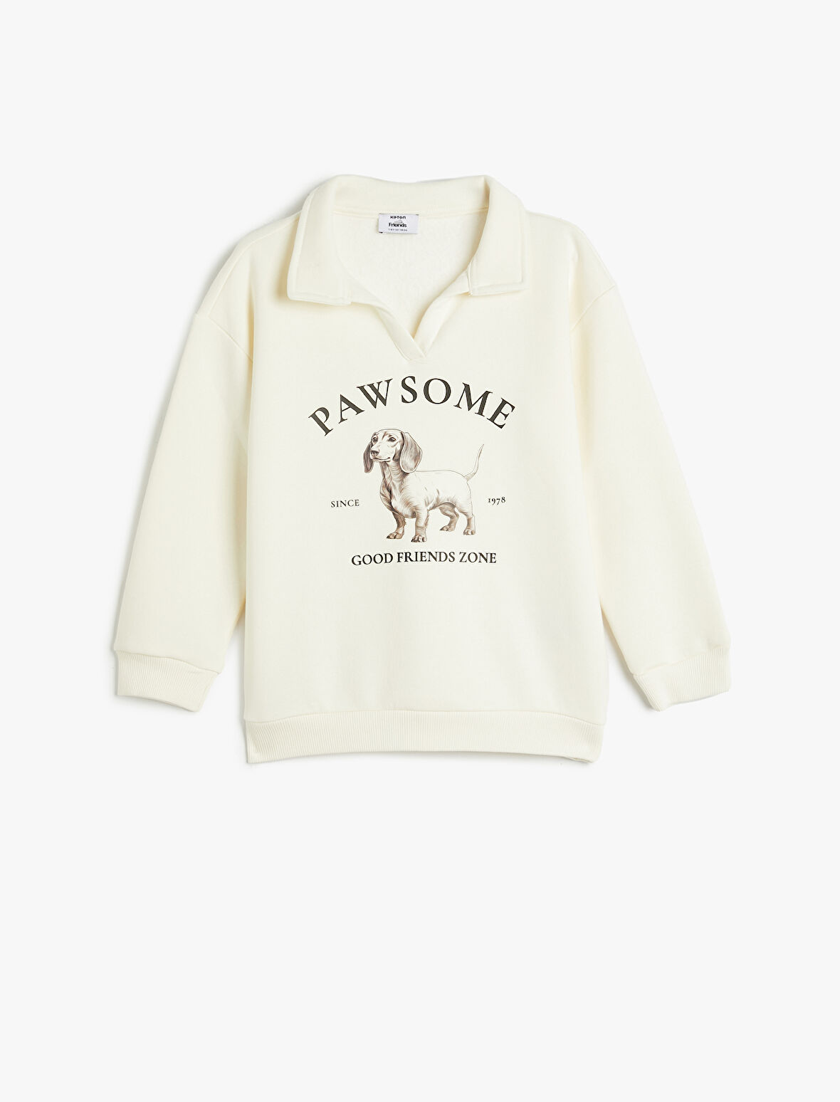 Polo Yaka Sweatshirt Köpek Baskılı Uzun Kollu Şardonlu