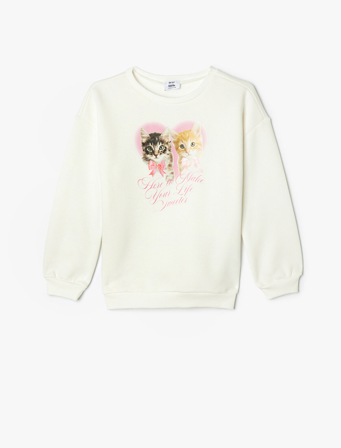 Sweatshirt Kedi Baskılı Uzun Kollu Bisiklet Yaka Şardonlu