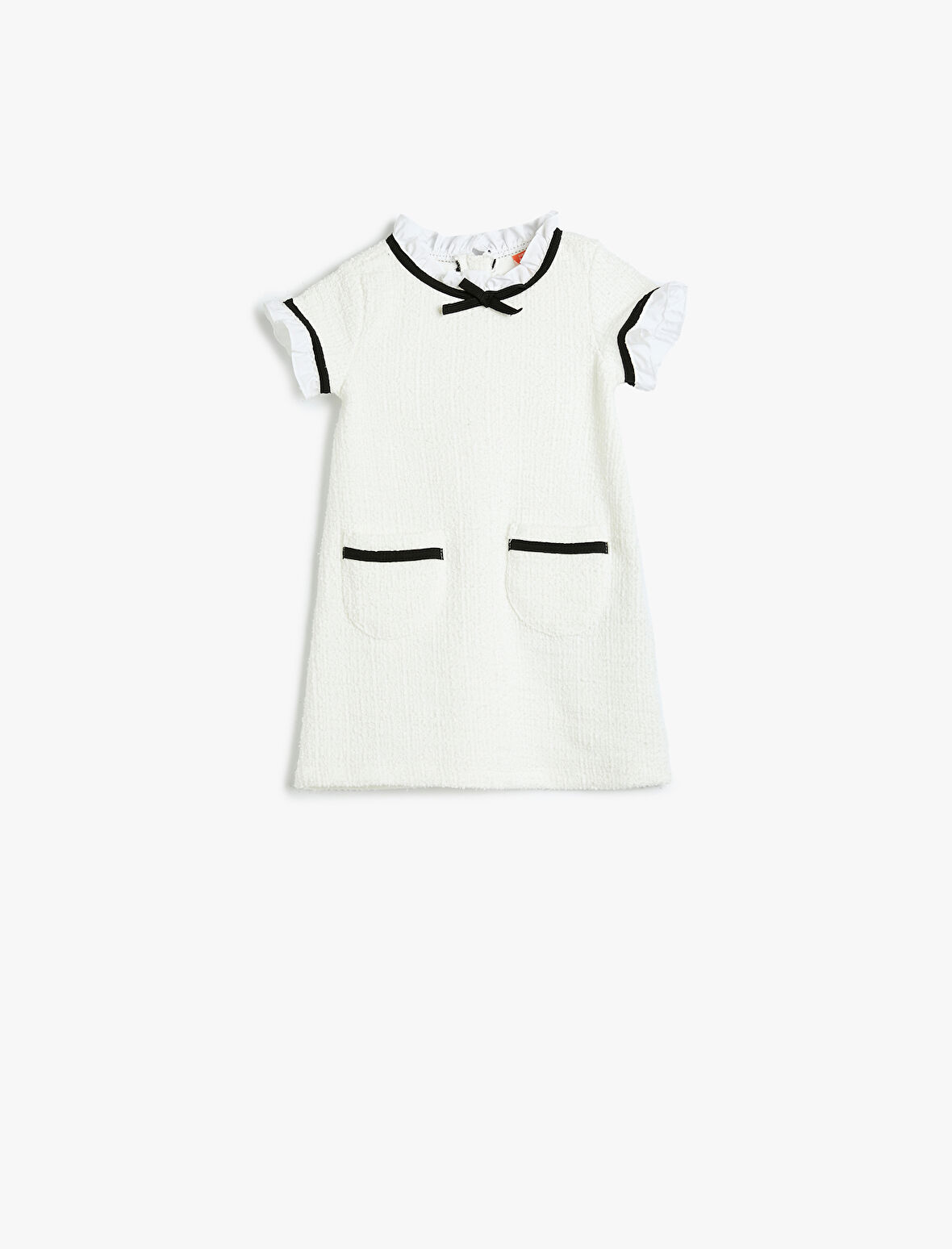 Elbise Fırfır Detaylı Kısa Kollu Yuvarlak Dik Yaka Cep Detaylı