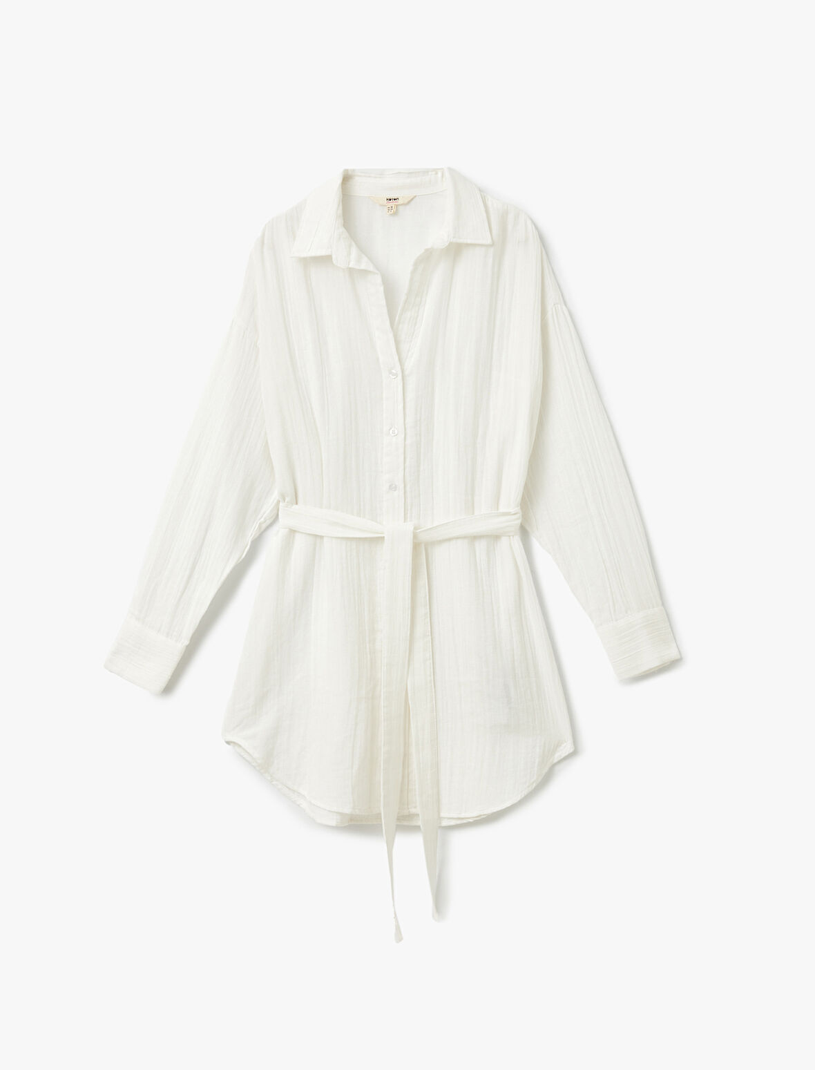 Pamuklu Rahat Kalıp Kemerli Uzun Kollu Gömlek Yaka Müslin Plaj Elbisesi