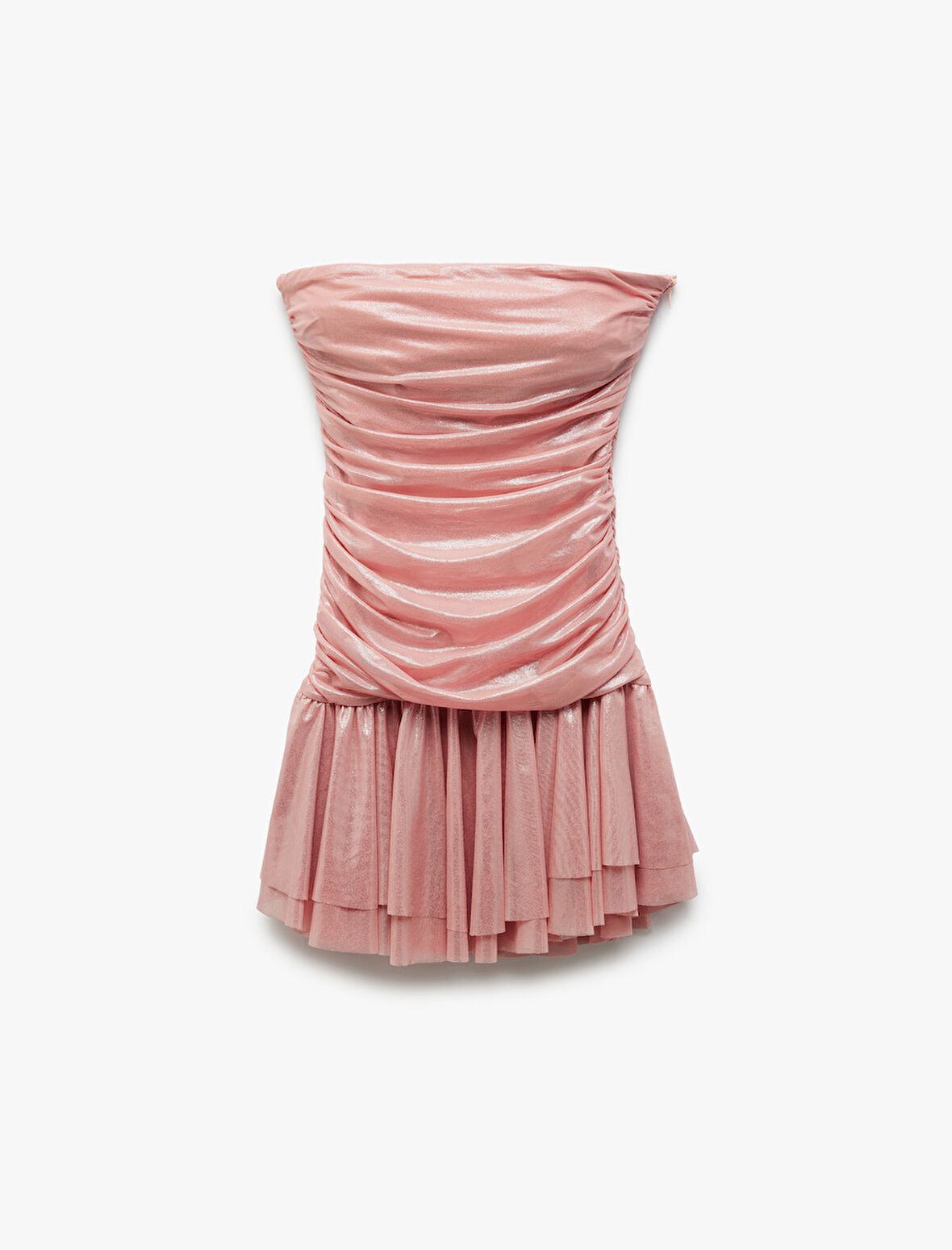 Drape Detaylı Kolsuz Straplez Volanlı Mini Abiye Elbise