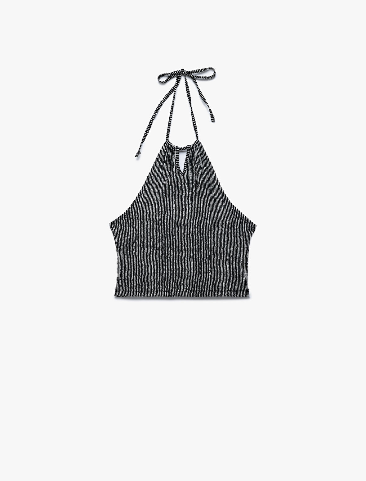 Çizgili Bürümcük Bağlamalı Yaka Pencere Detaylı Kolsuz Crop Üst