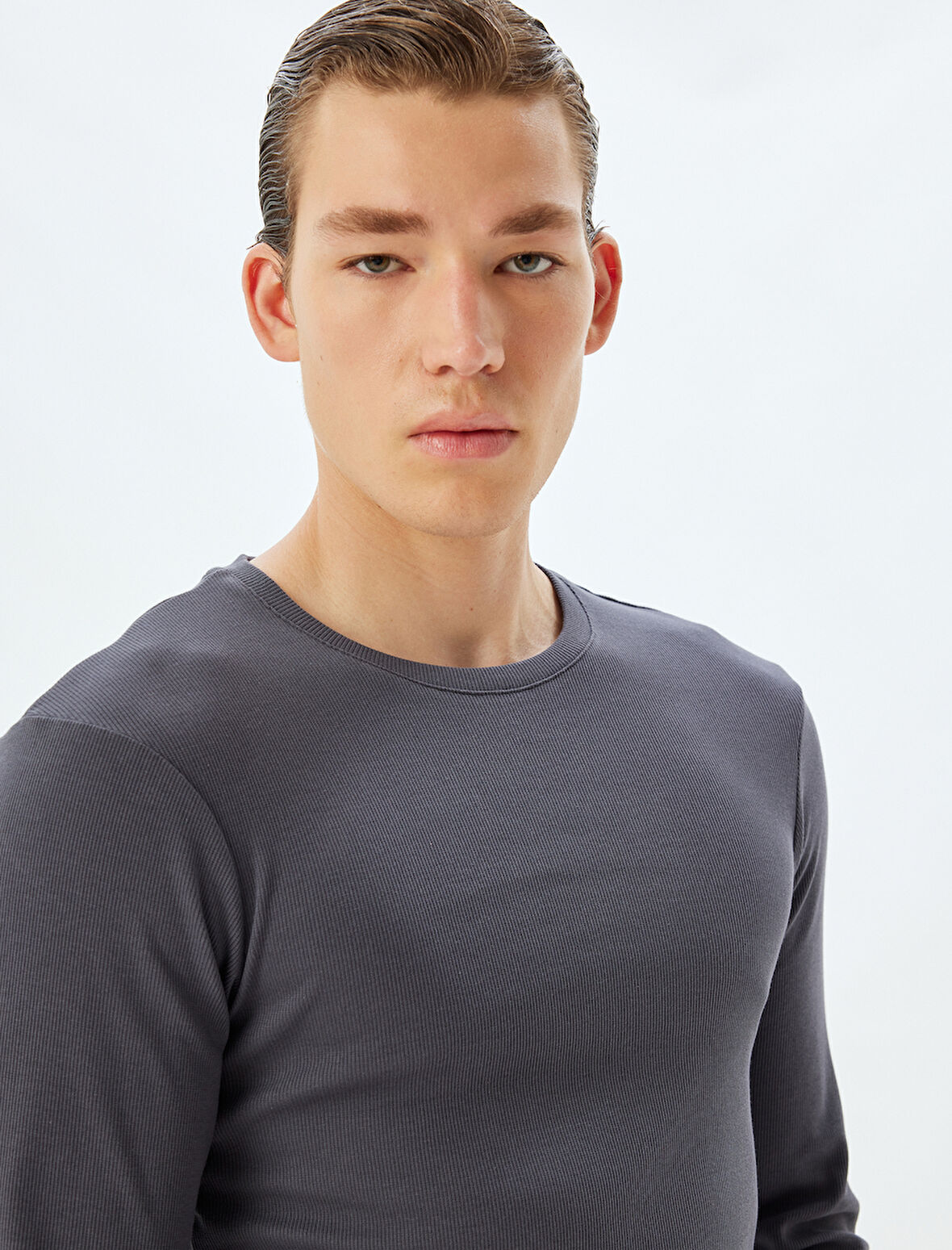 Slim Fit Tişört Bisiklet Yaka Uzun Kollu Kaşkorse Pamuklu