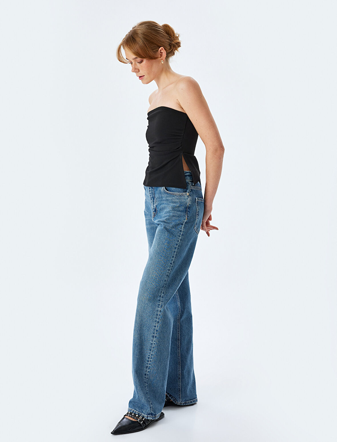 Krep Scuba Kumaş Drape Detaylı Asimetrik Straplez Üst