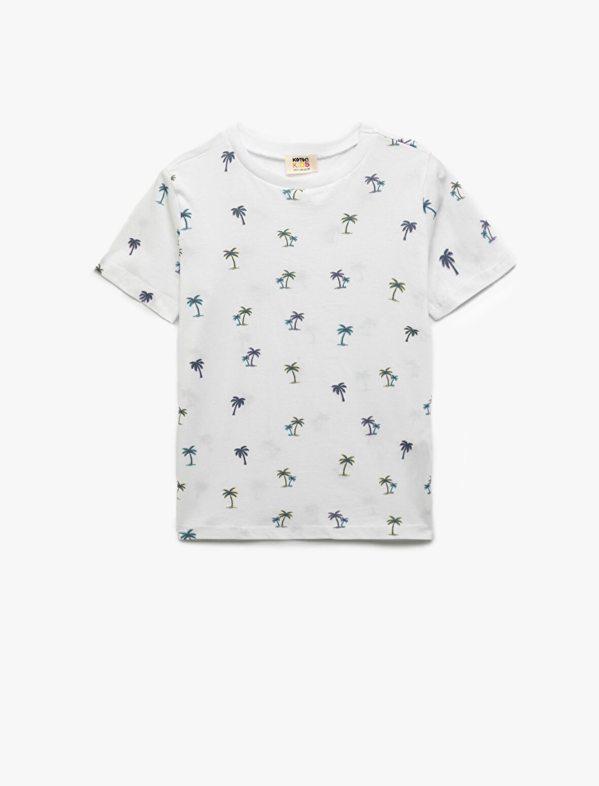 Bisiklet Yaka Kısa Kollu Pamuklu Palmiye Baskılı Tişört