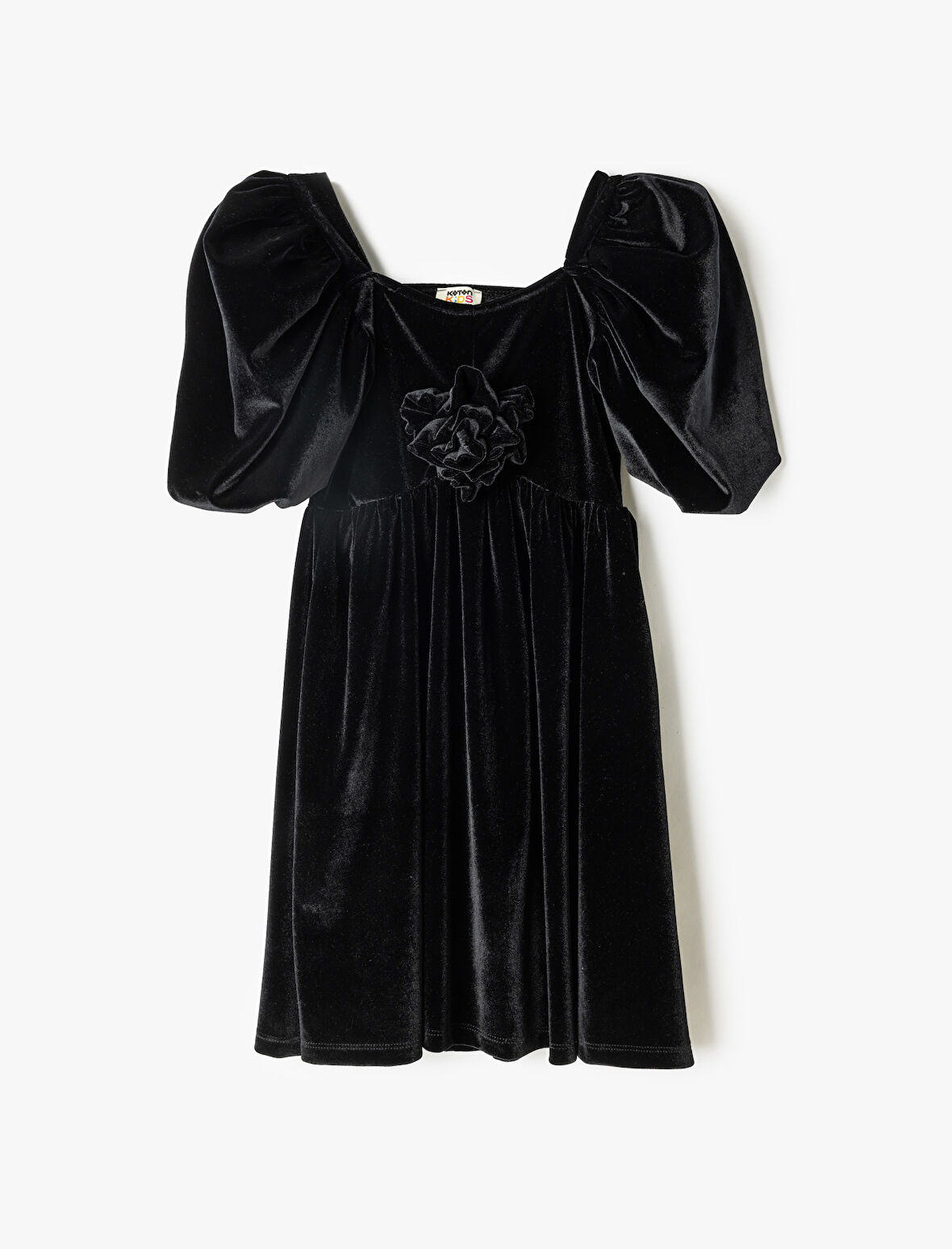 Kadife Elbise Çiçek Aplikeli Kare Yaka Balon Kollu 