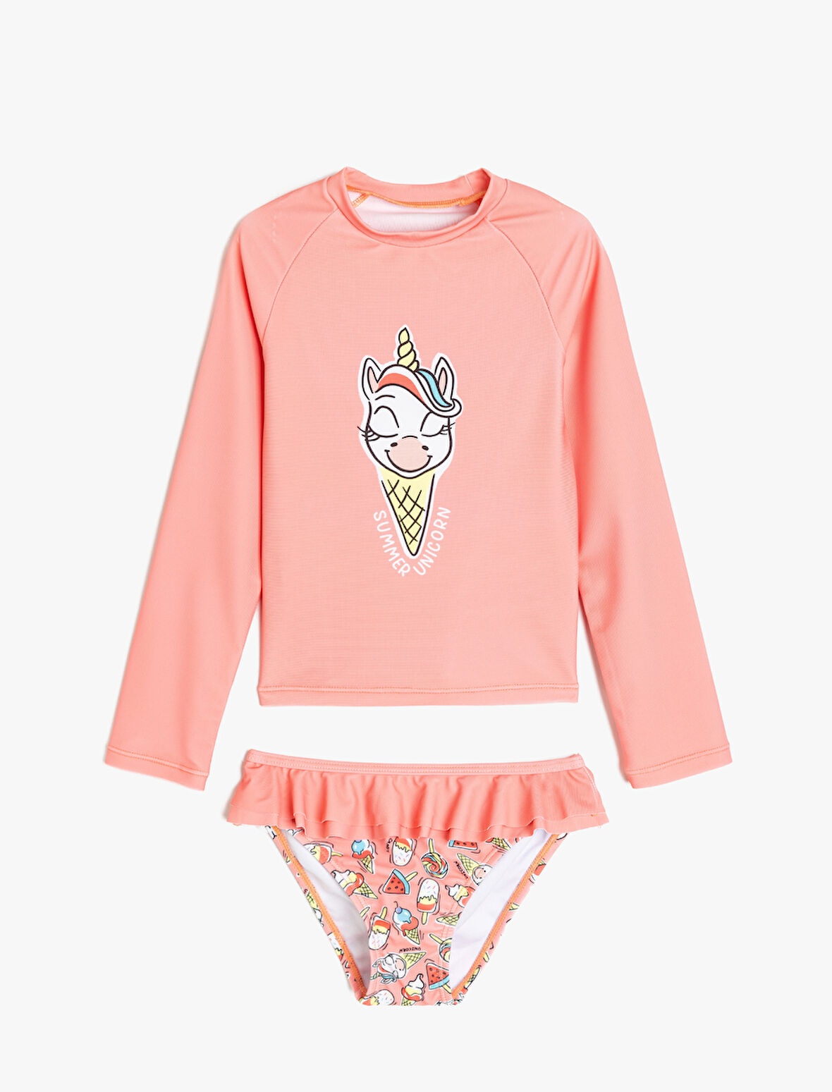 Fırfır Detaylı Unicorn Baskılı Uzun Kollu Bikini Seti 