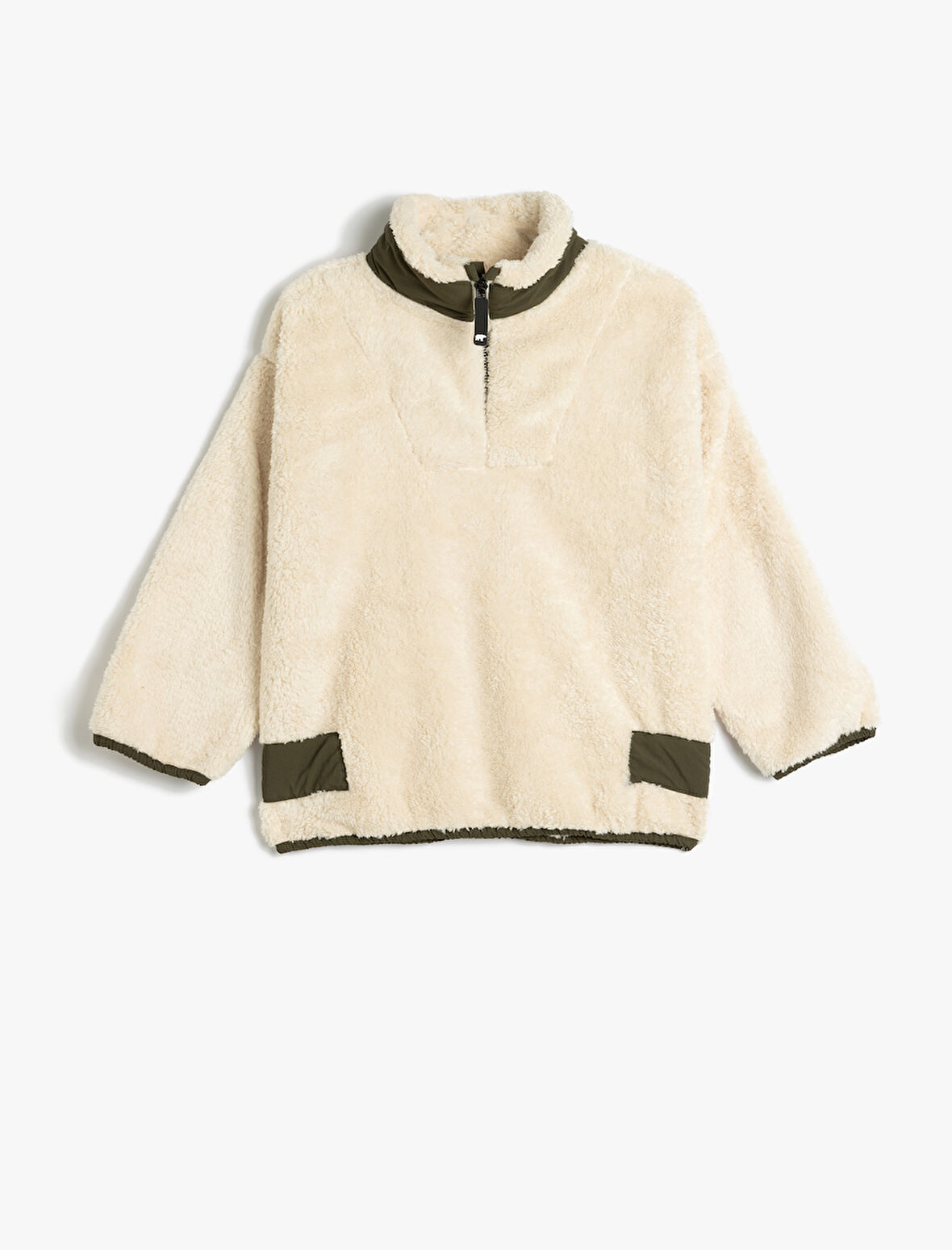 Dik Yaka Yarım Fermuarlı Uzun Kollu Peluş Sweatshirt