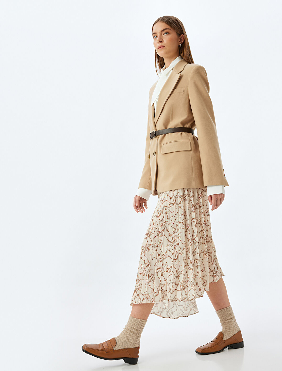 Asimetrik Desenli Midi Boy Pileli Etek 