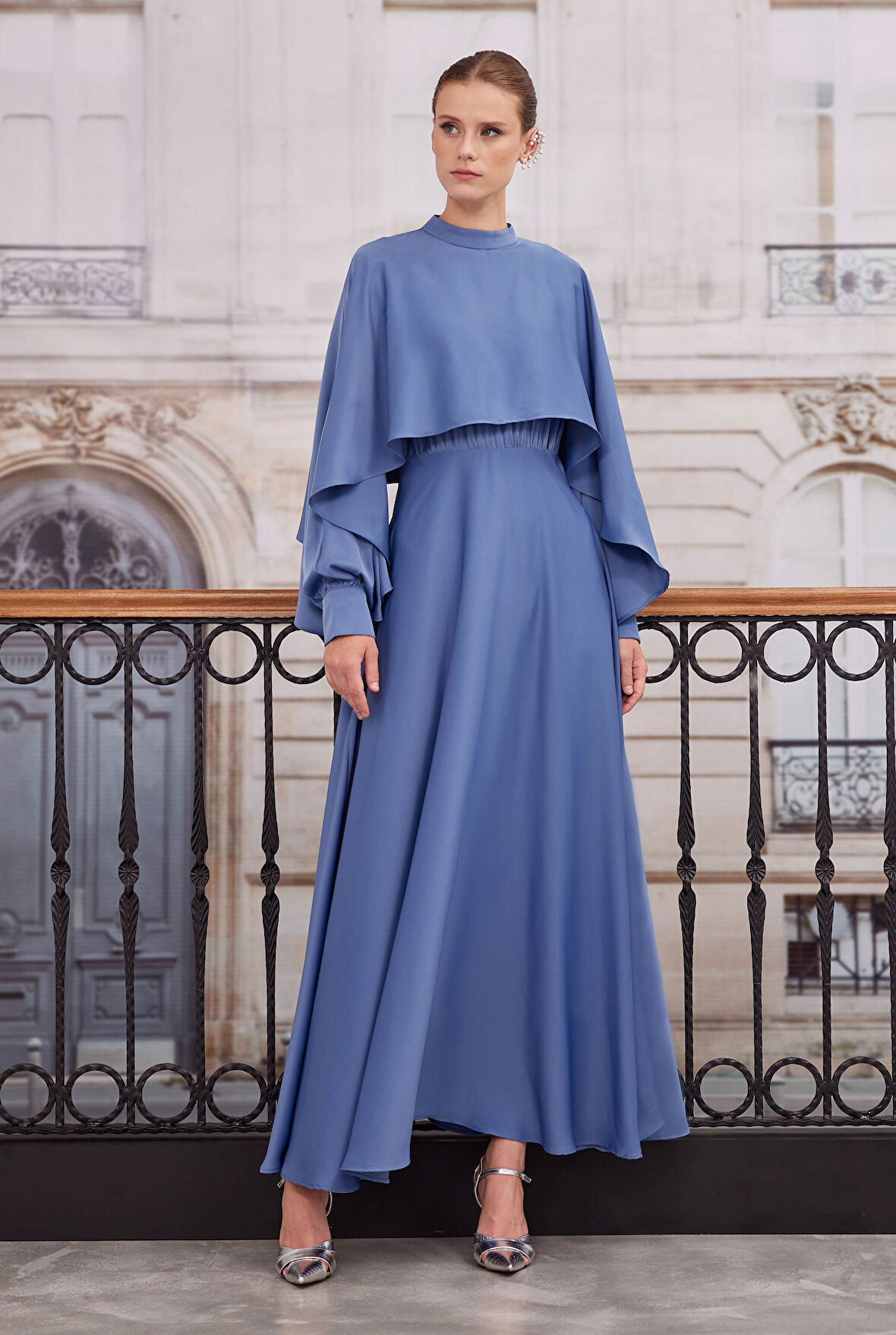 Pelerinli Elbise Kot Mavi