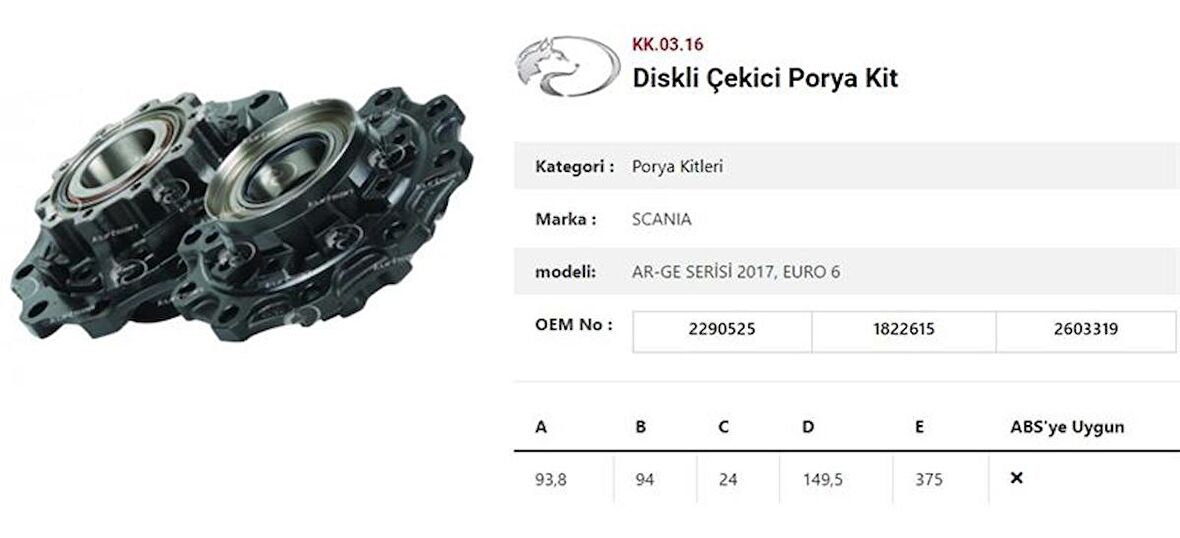 DINGIL PORYASI ARKA TEKER DISKLI RULMANLI KIT SCANIA AR-GE SERISI 2017. EURO 6 - KURTSAN KK.03.16