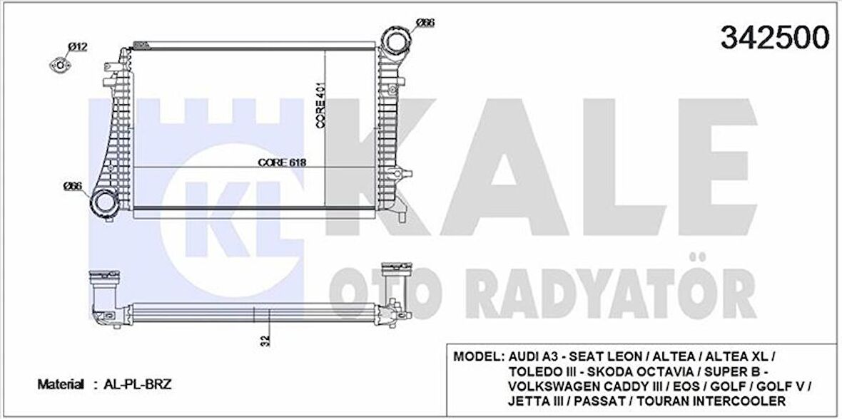 TURBO RADYATORU CADDY III A3 JETTA III TOURAN GOLF V ALTEA LEON TOLEDO PASSAT 1.9 - 2.0TDI 04-10 - KALE 342500