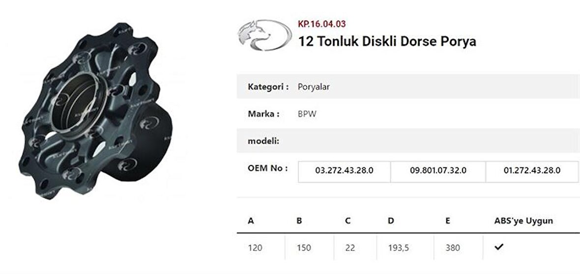 DINGIL PORYASI DISKLI KIT RULMANLI 12 TONLUK - DORSE - KURTSAN KKL.16.04.03