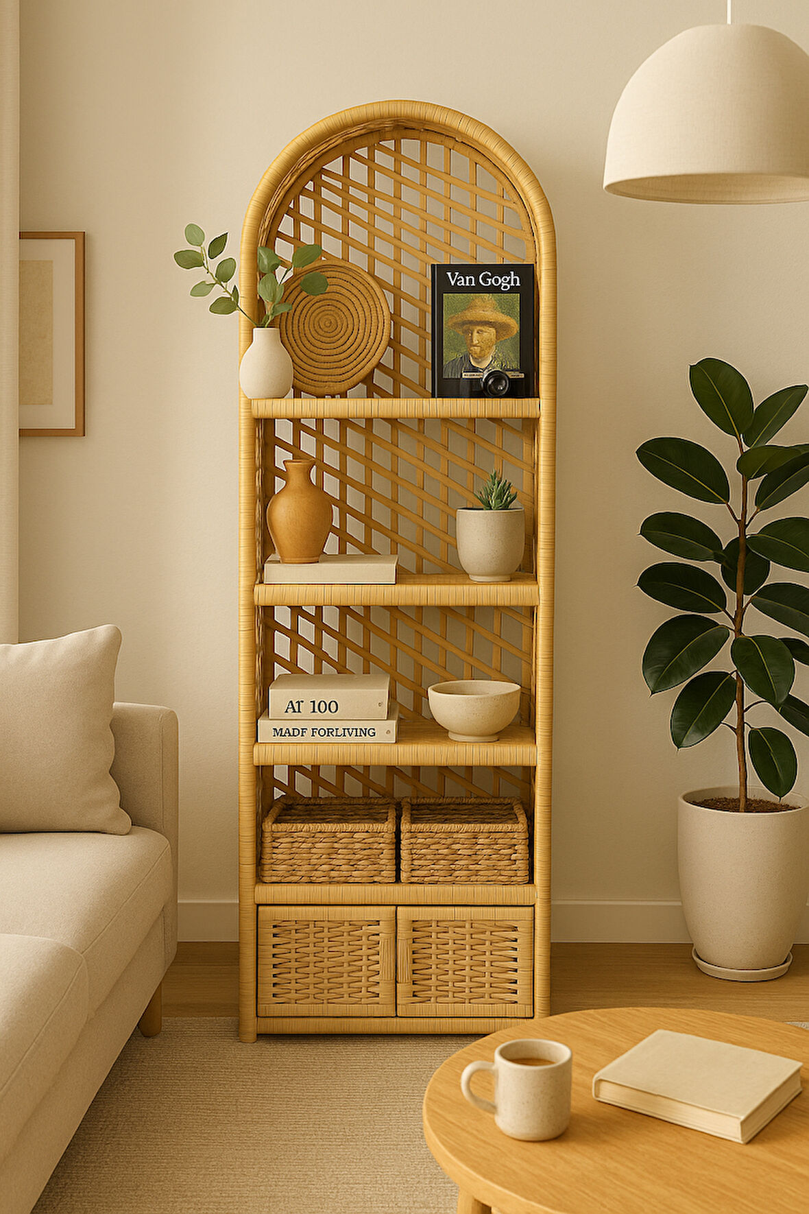 Dekoratif Hasır Kapaklı 5 Raflı Çok Amaçlı Kitaplık