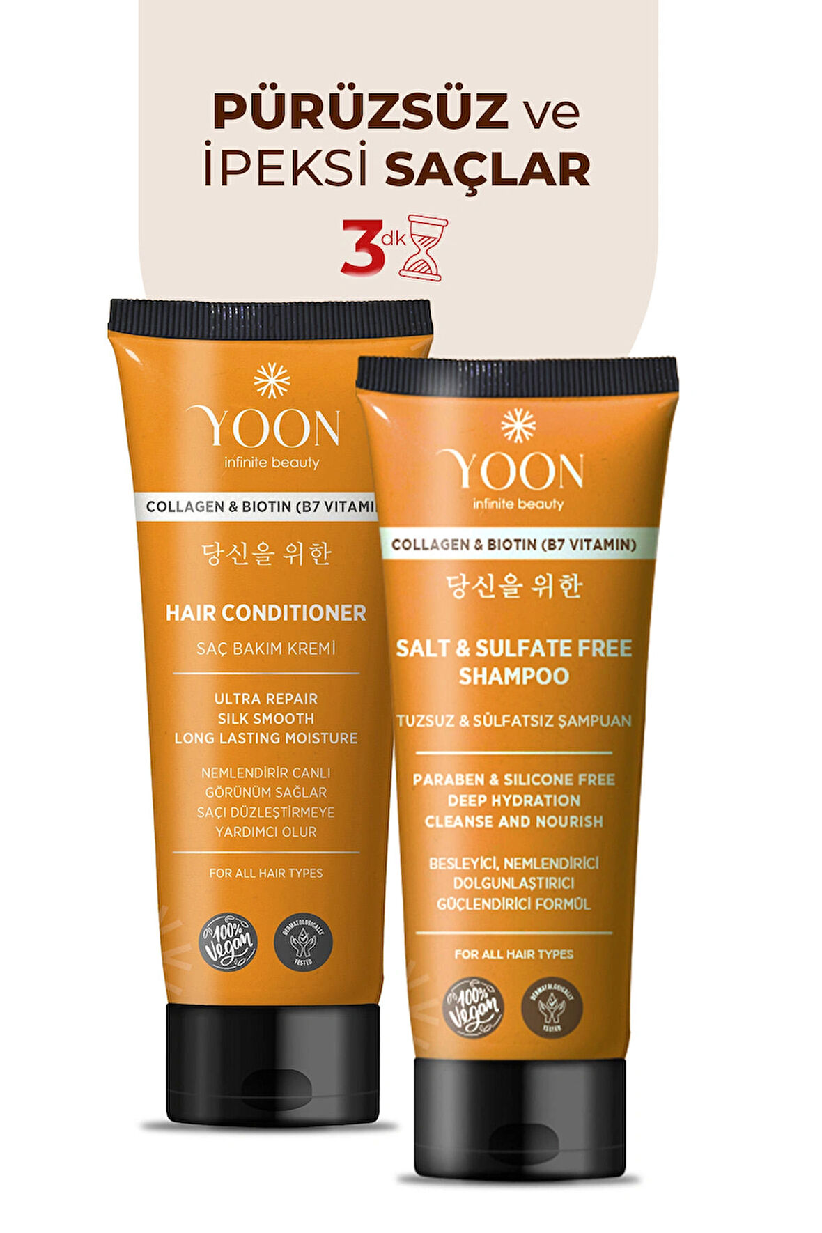 Vegan Tuzsuz Şampuan 250ml & Saç Bakım Kremi 200ml Sülfatsız, Kolajen, Biotinli 2'li Şampuan Ve Krem